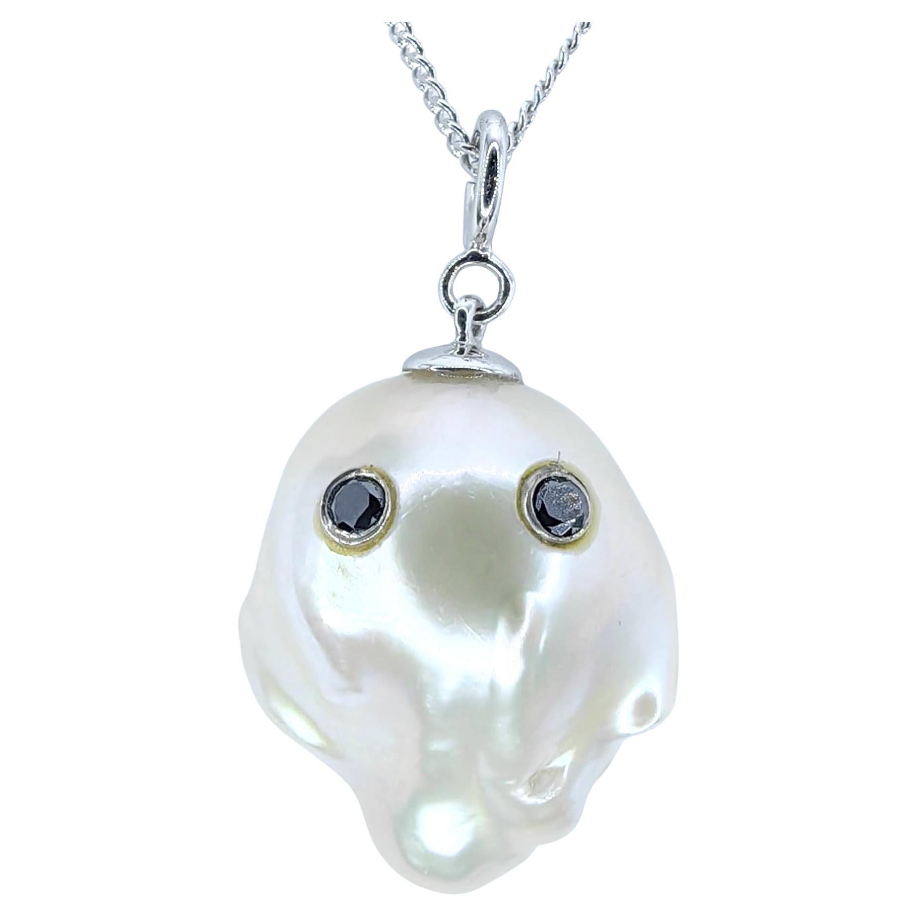 Darling Phantom: Black Diamond Baroque Pearl Ghost Charm Pendant 18K White Gold For Sale