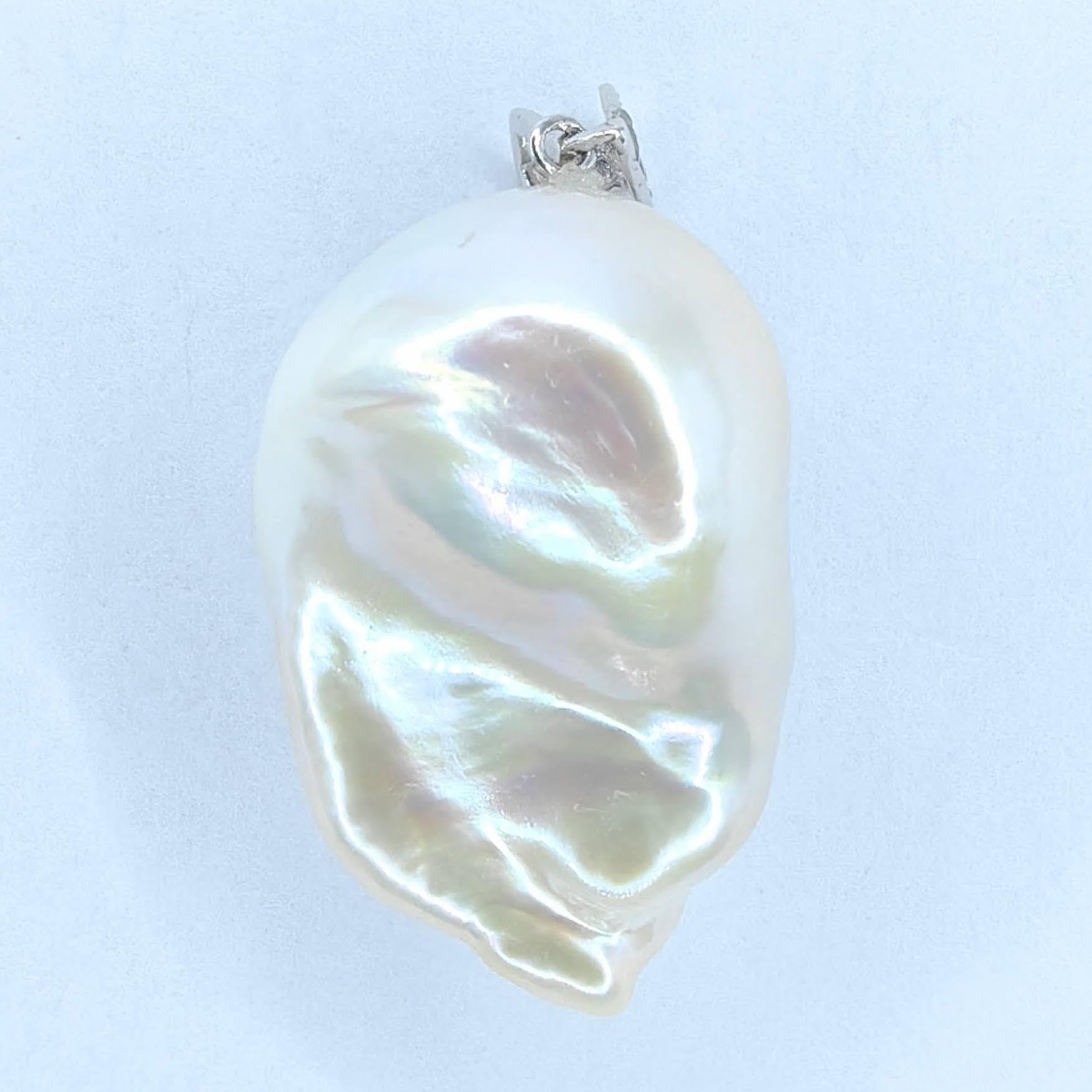 Contemporary Darling Phantom: Blue Sapphire Baroque Pearl Ghost Pendant in 18K White Gold For Sale
