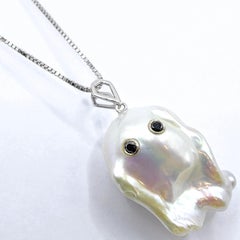 Darling Phantom: Black Diamond Baroque Pearl Ghost Pendant in 18K White Gold