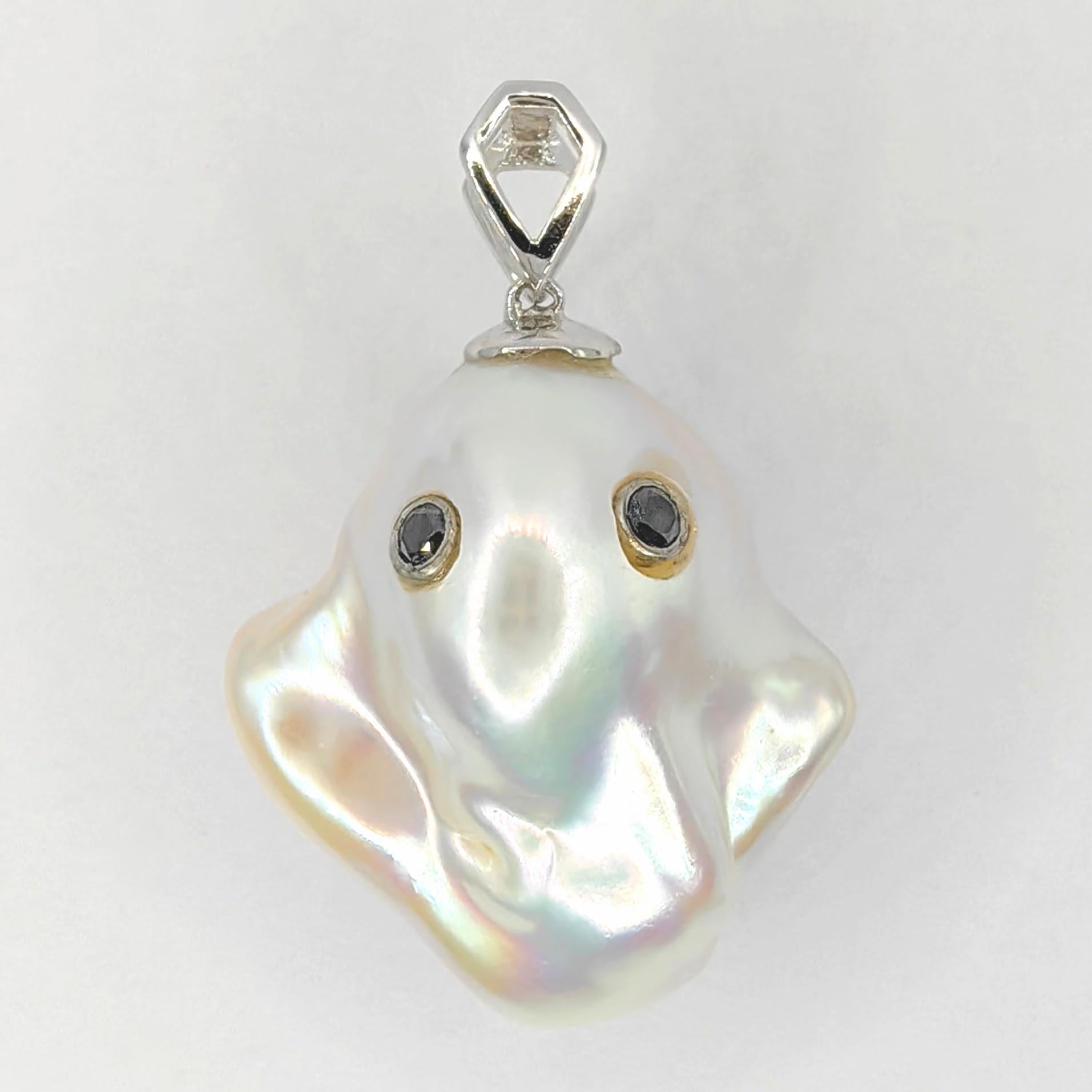 Contemporary Darling Phantom: Black Diamond Baroque Pearl Ghost Pendant in 18K White Gold