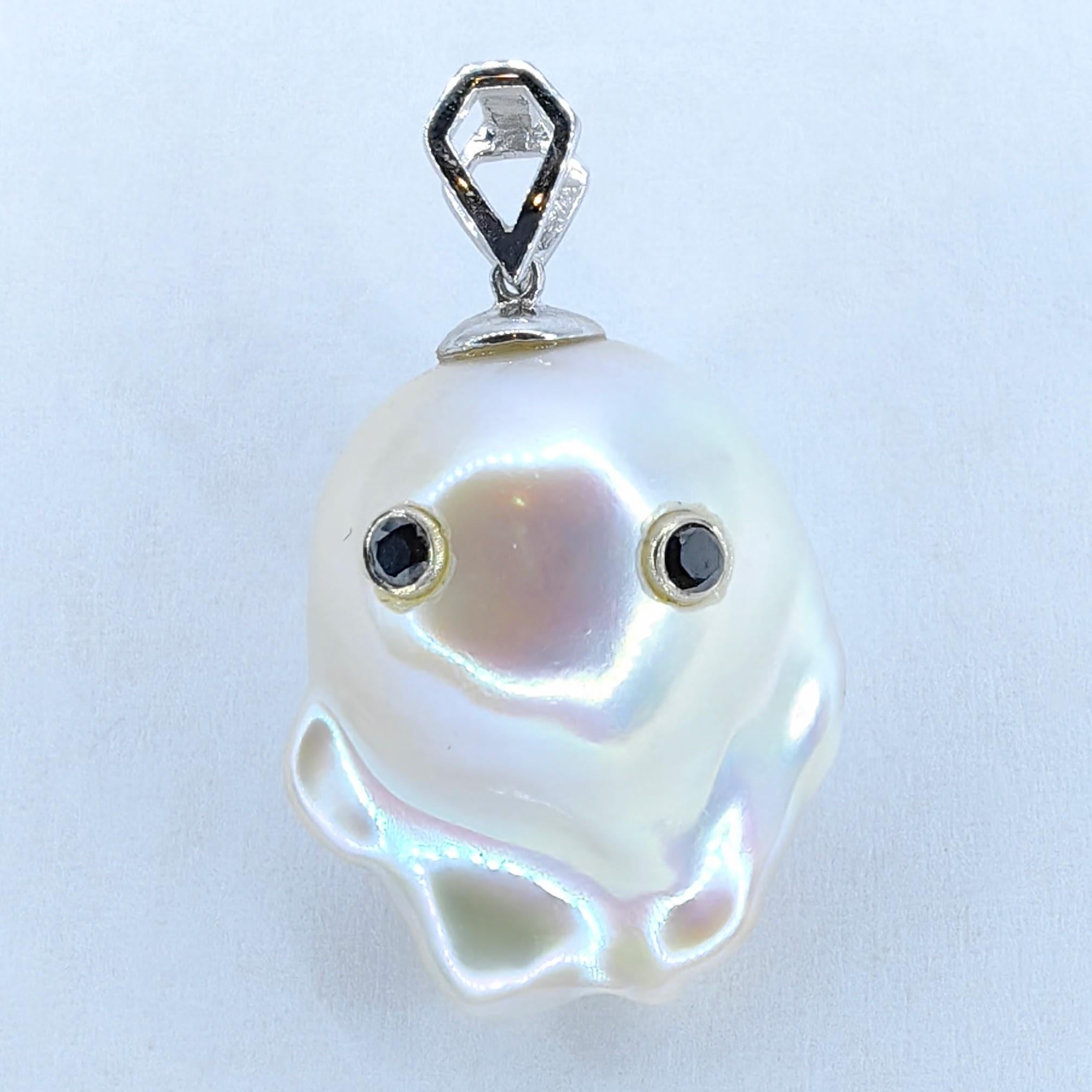 Contemporary Darling Phantom: Black Diamond Baroque Pearl Ghost Pendant in 18K White Gold