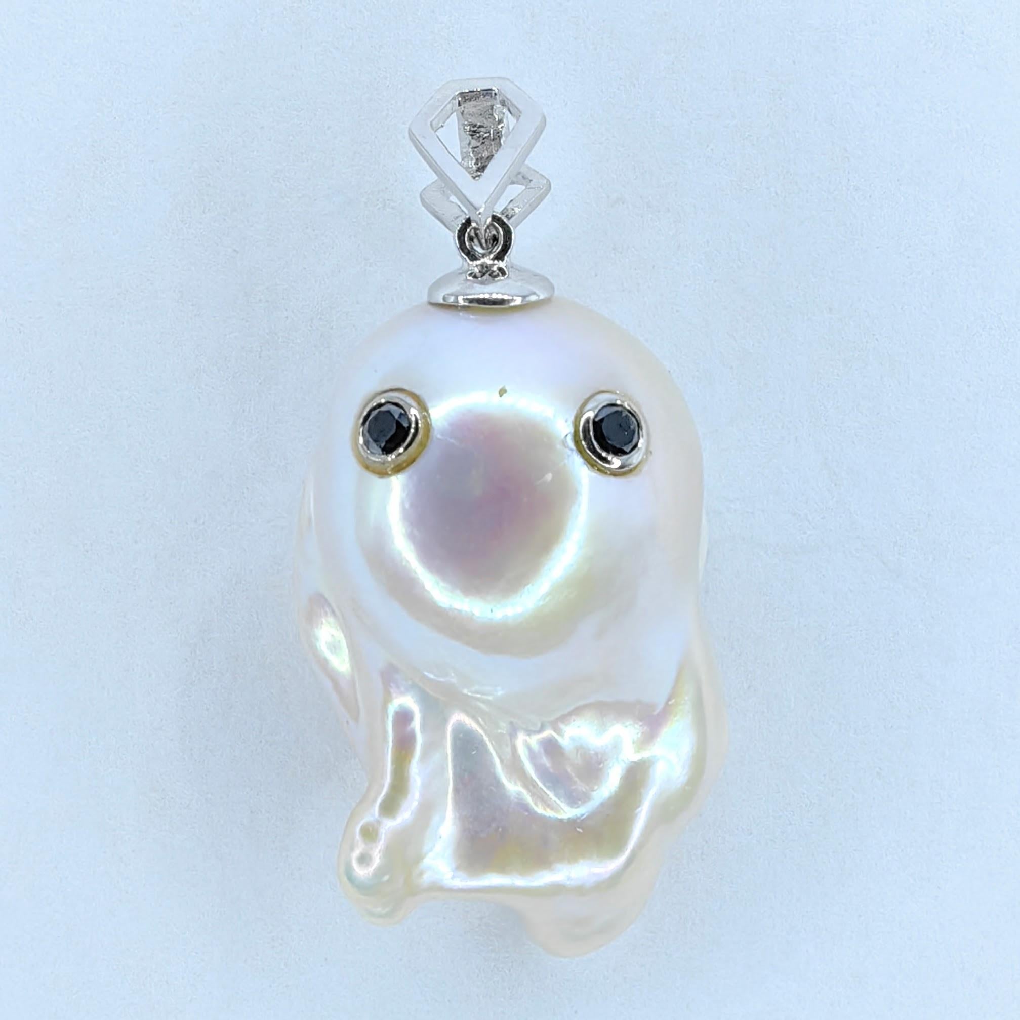 Contemporary Darling Phantom: Black Diamond Baroque Pearl Ghost Pendant in 18K White Gold
