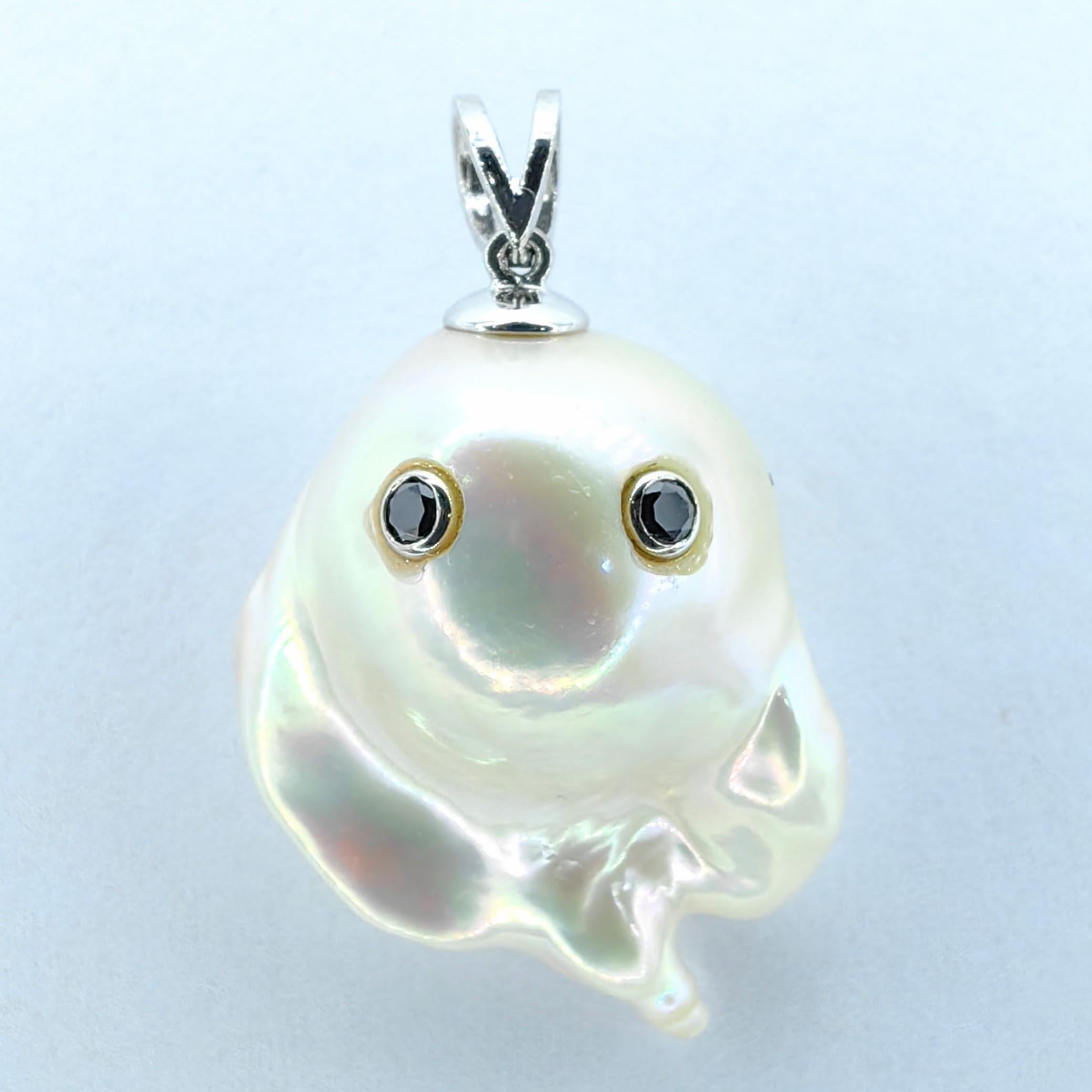 Contemporary Darling Phantom: Black Diamond Baroque Pearl Ghost Pendant in 18K White Gold