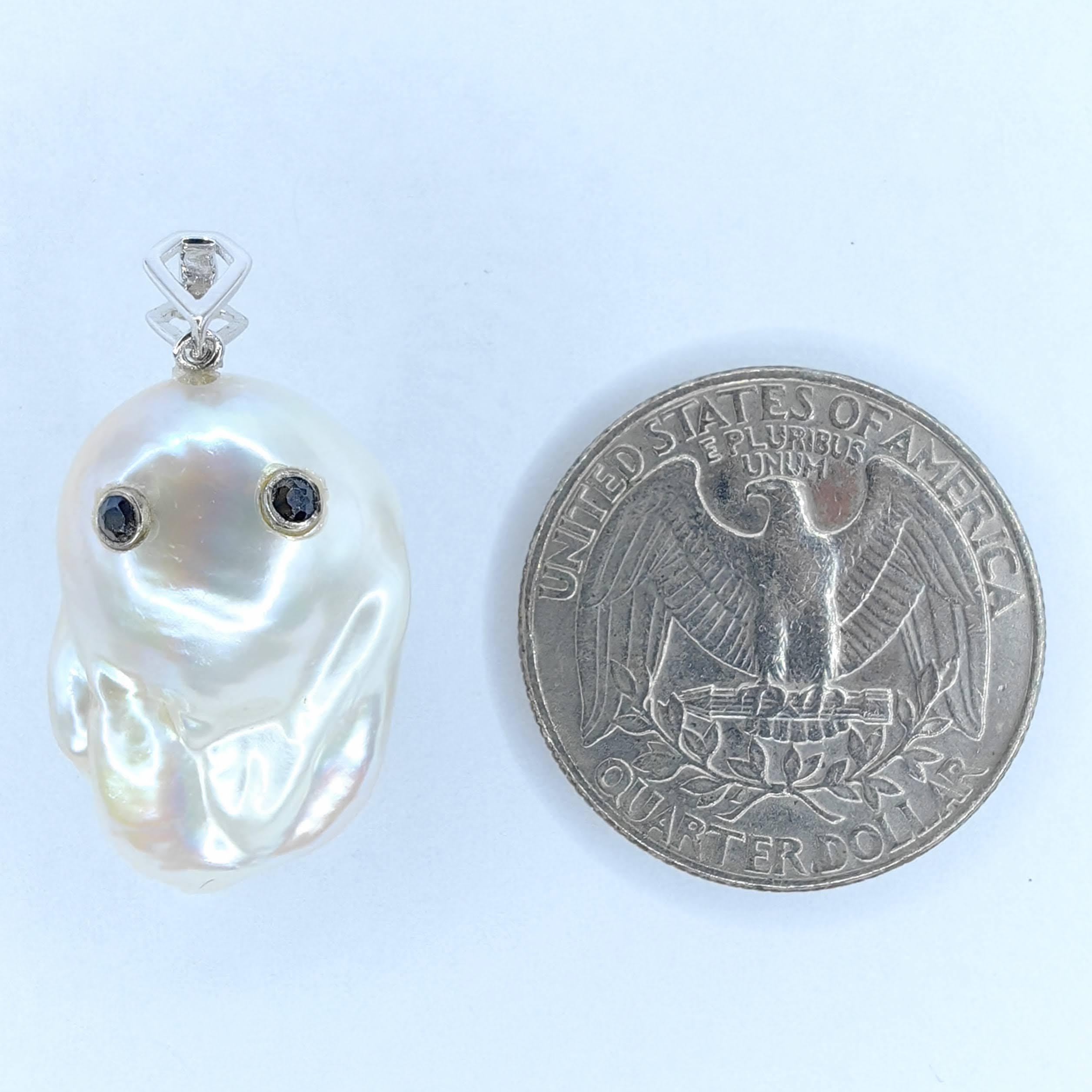 Round Cut Darling Phantom: Blue Sapphire Baroque Pearl Ghost Pendant in 18K White Gold For Sale