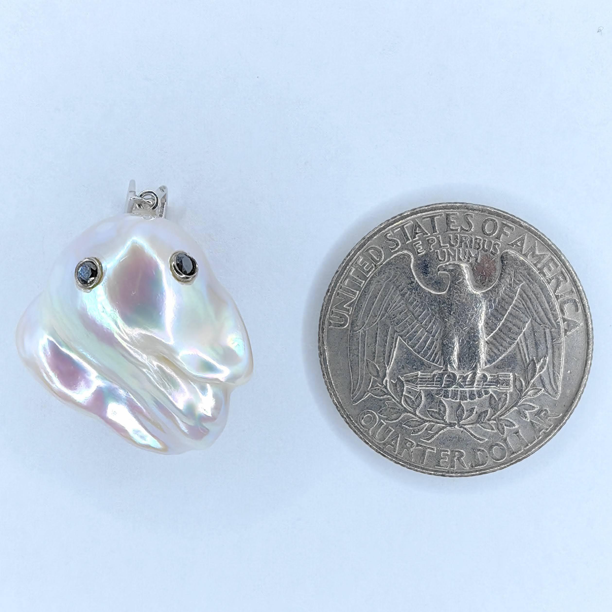 Round Cut Darling Phantom: Black Diamond Baroque Pearl Ghost Pendant in 18K White Gold