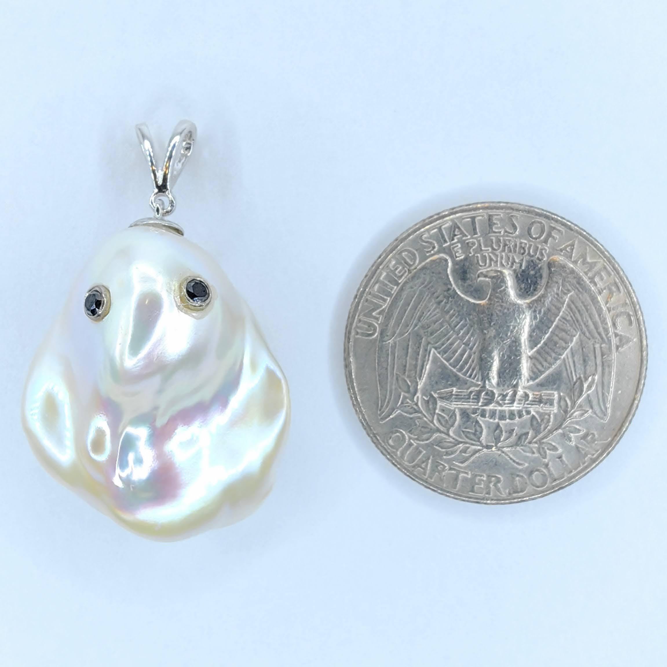 Round Cut Darling Phantom: Black Diamond Baroque Pearl Ghost Pendant in 18K White Gold