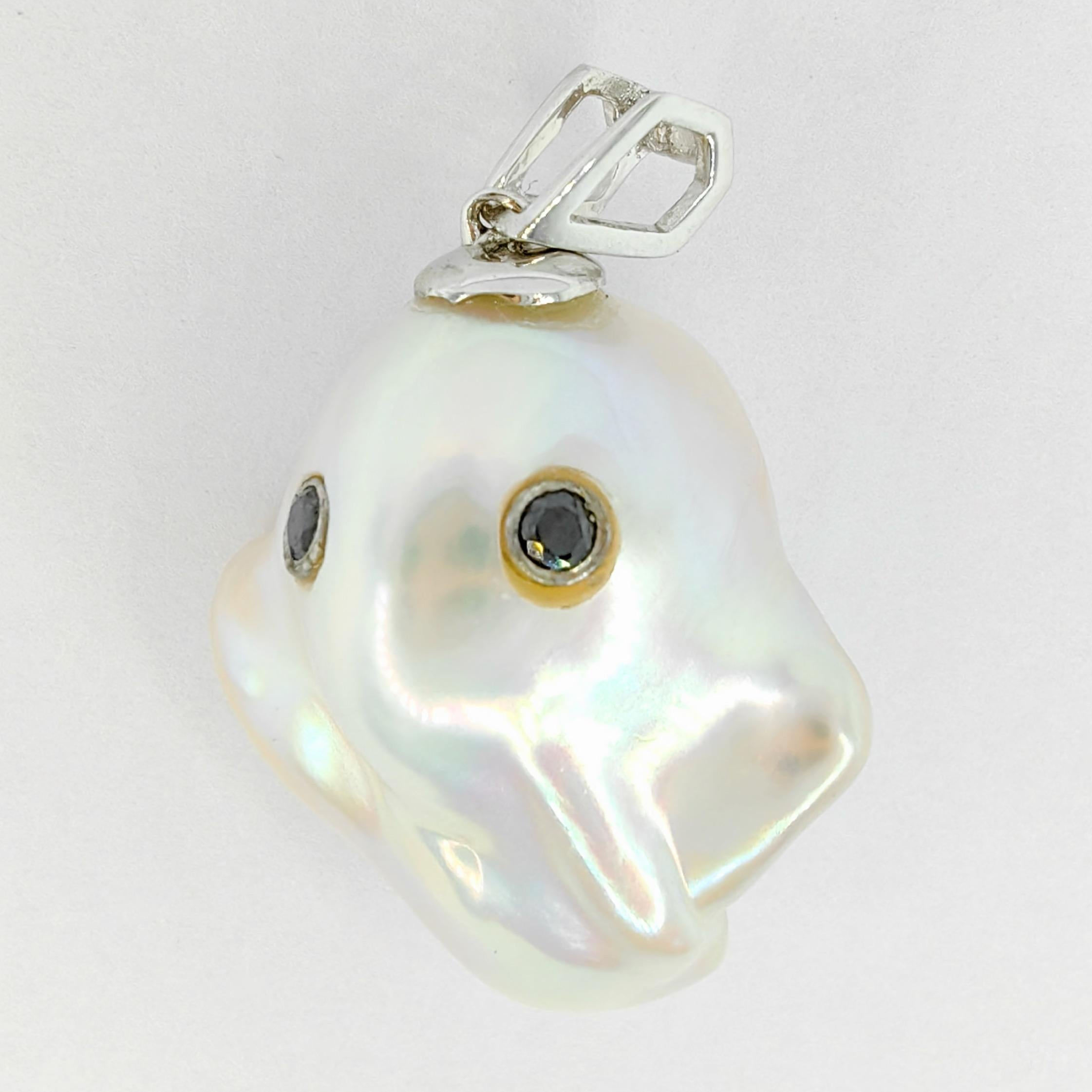 Brilliant Cut Darling Phantom: Black Diamond Baroque Pearl Ghost Pendant in 18K White Gold
