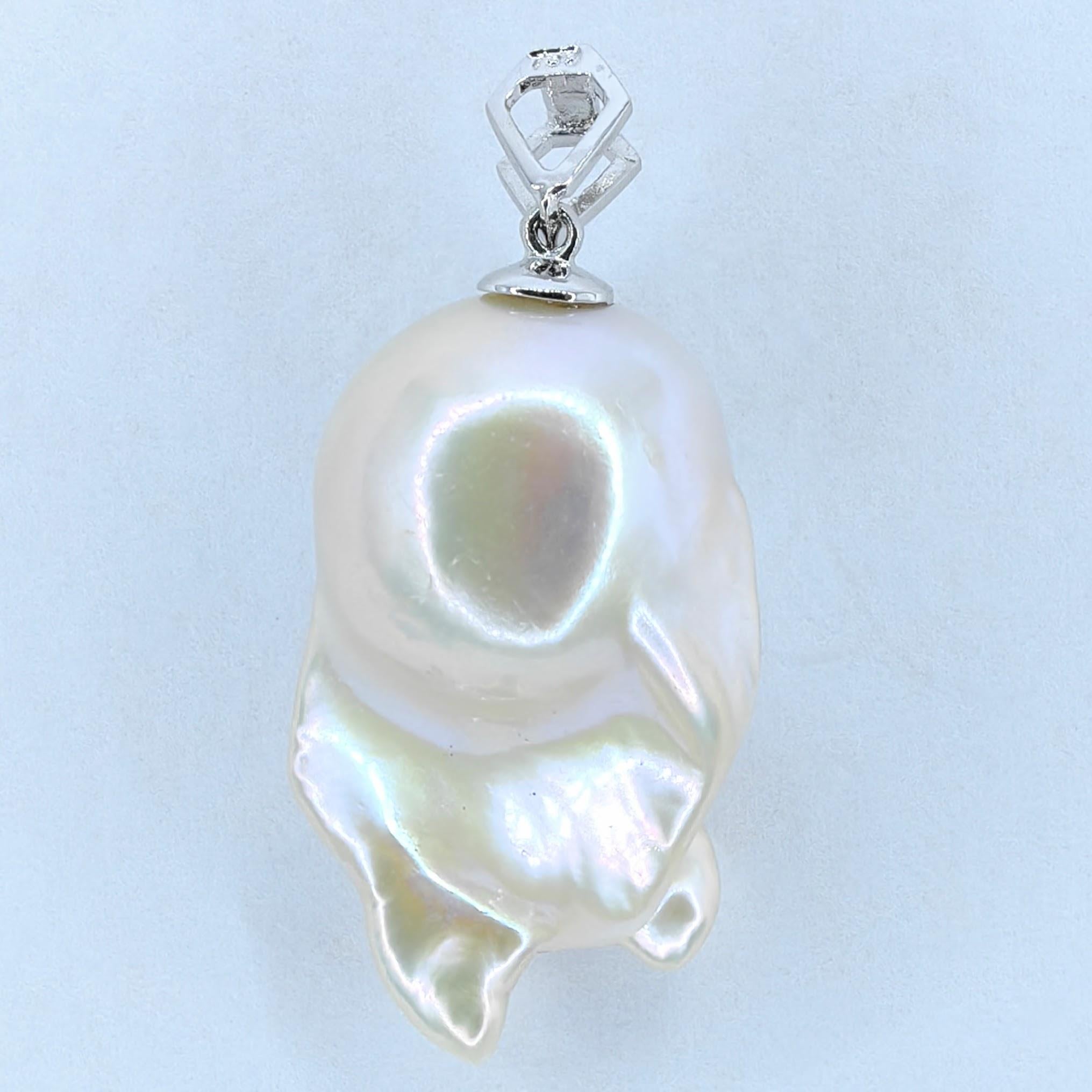 Round Cut Darling Phantom: Black Diamond Baroque Pearl Ghost Pendant in 18K White Gold