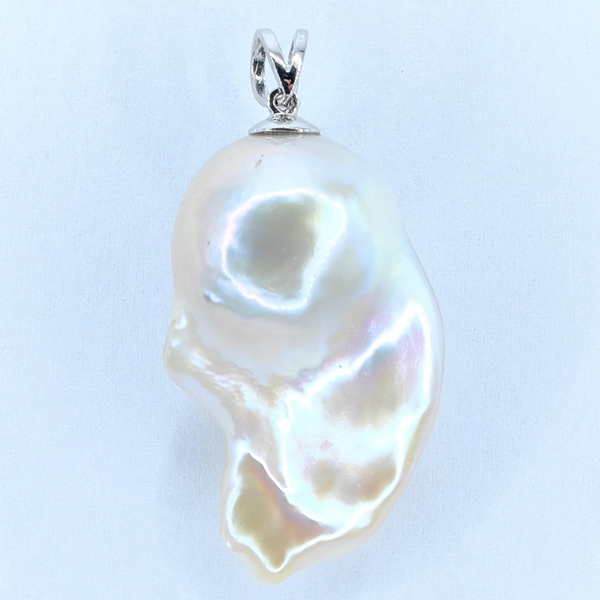 Round Cut Darling Phantom: Black Diamond Baroque Pearl Ghost Pendant in 18K White Gold