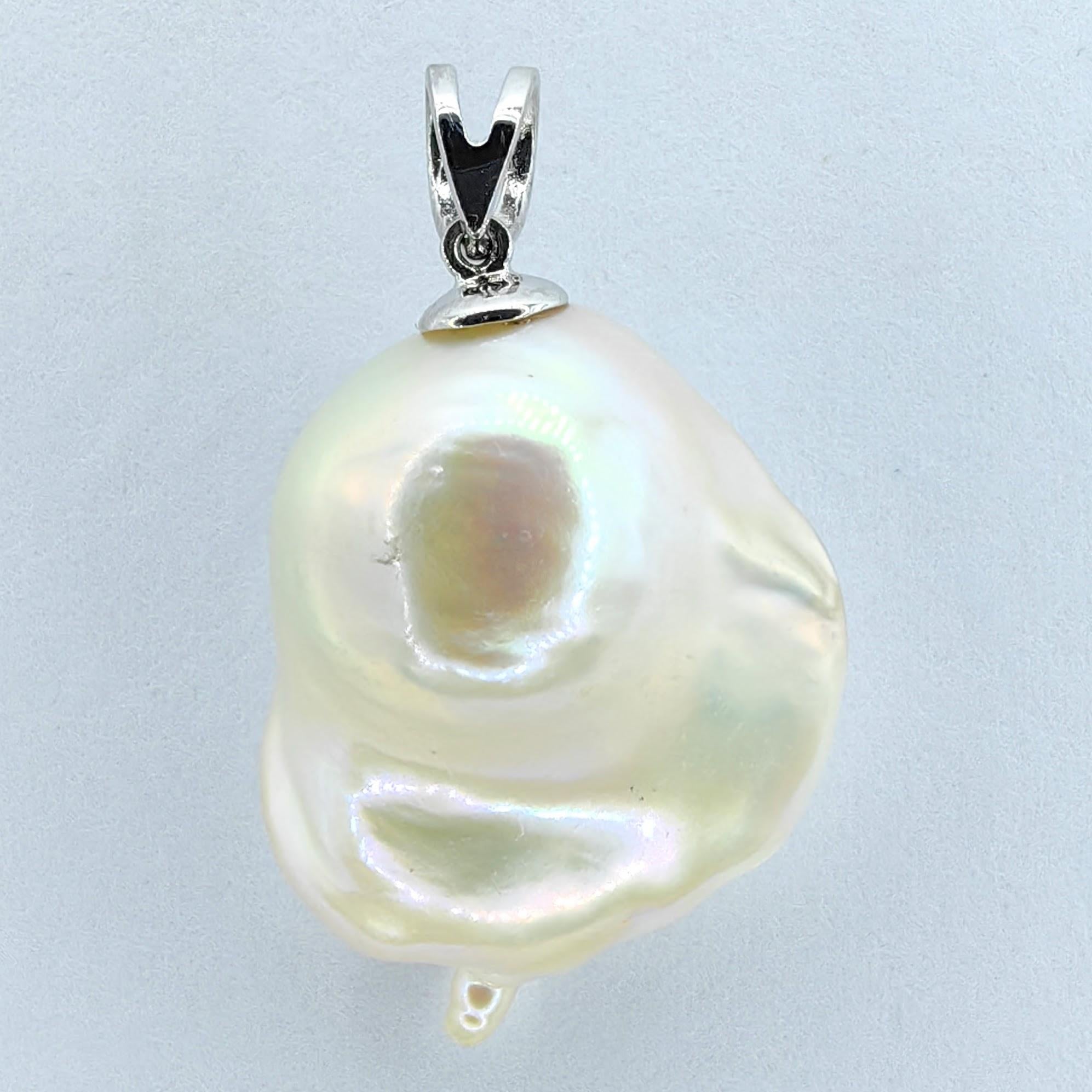 Round Cut Darling Phantom: Black Diamond Baroque Pearl Ghost Pendant in 18K White Gold