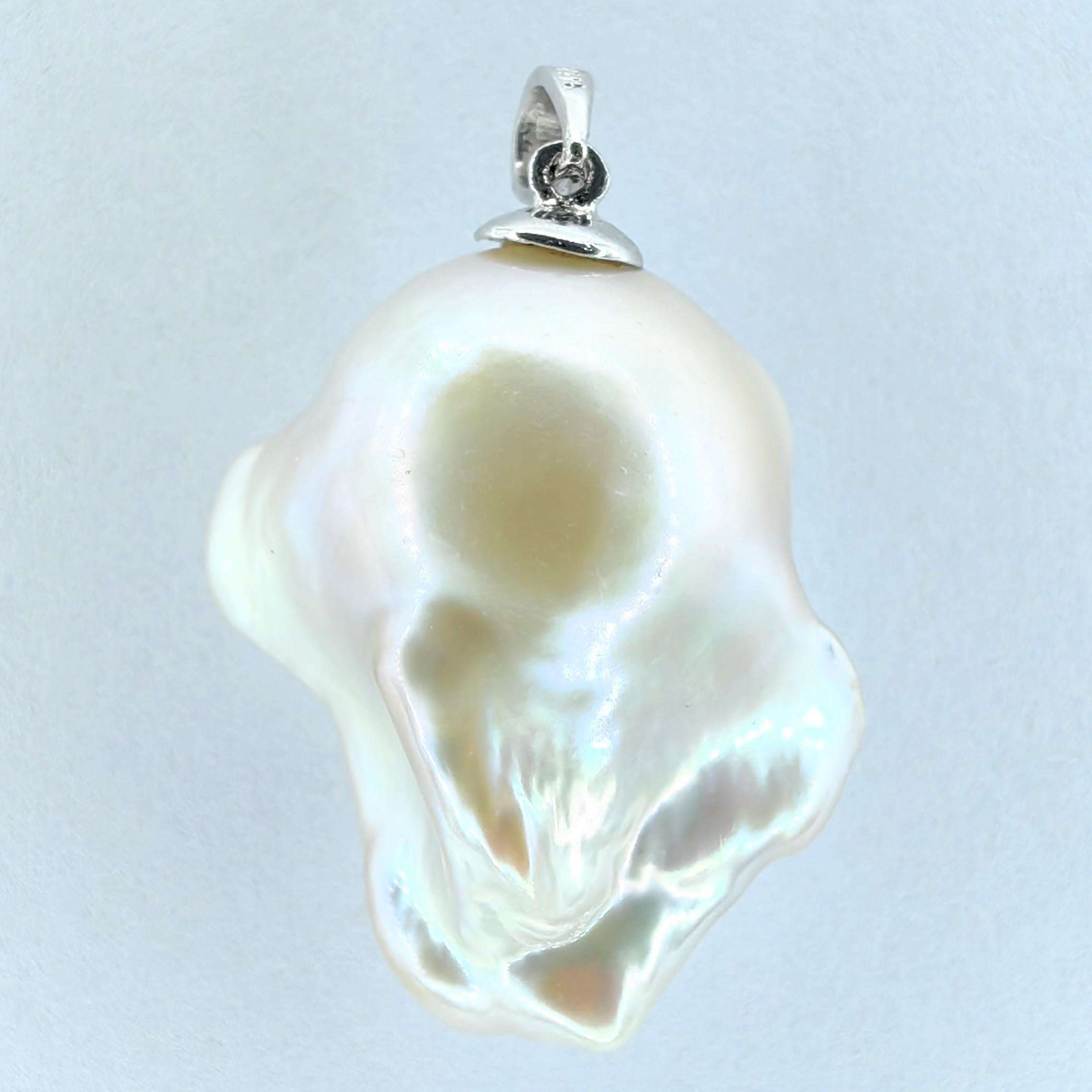 Round Cut Darling Phantom: Black Diamond Baroque Pearl Ghost Pendant in 18K White Gold