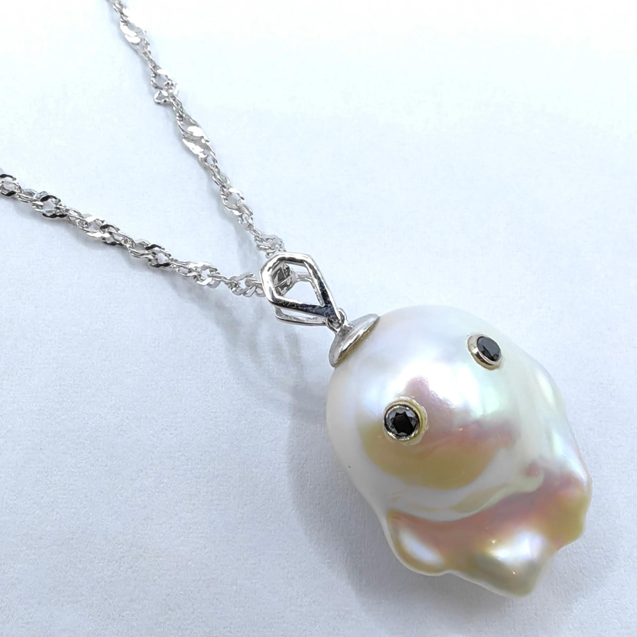 Darling Phantom: Black Diamond Baroque Pearl Ghost Pendant in 18K White Gold In New Condition In Wan Chai District, HK