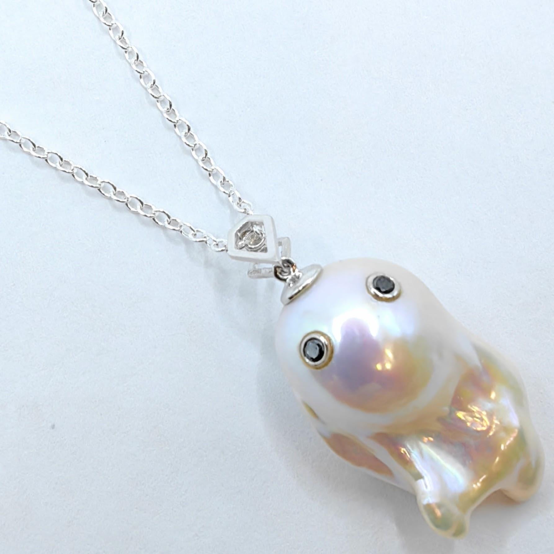 Darling Phantom: Black Diamond Baroque Pearl Ghost Pendant in 18K White Gold In New Condition In Wan Chai District, HK