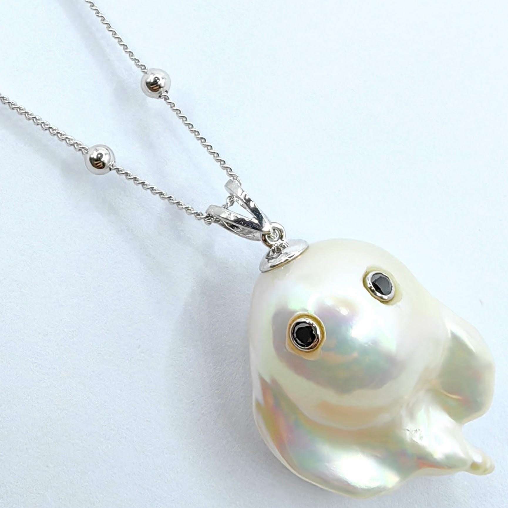 Darling Phantom: Black Diamond Baroque Pearl Ghost Pendant in 18K White Gold In New Condition In Wan Chai District, HK