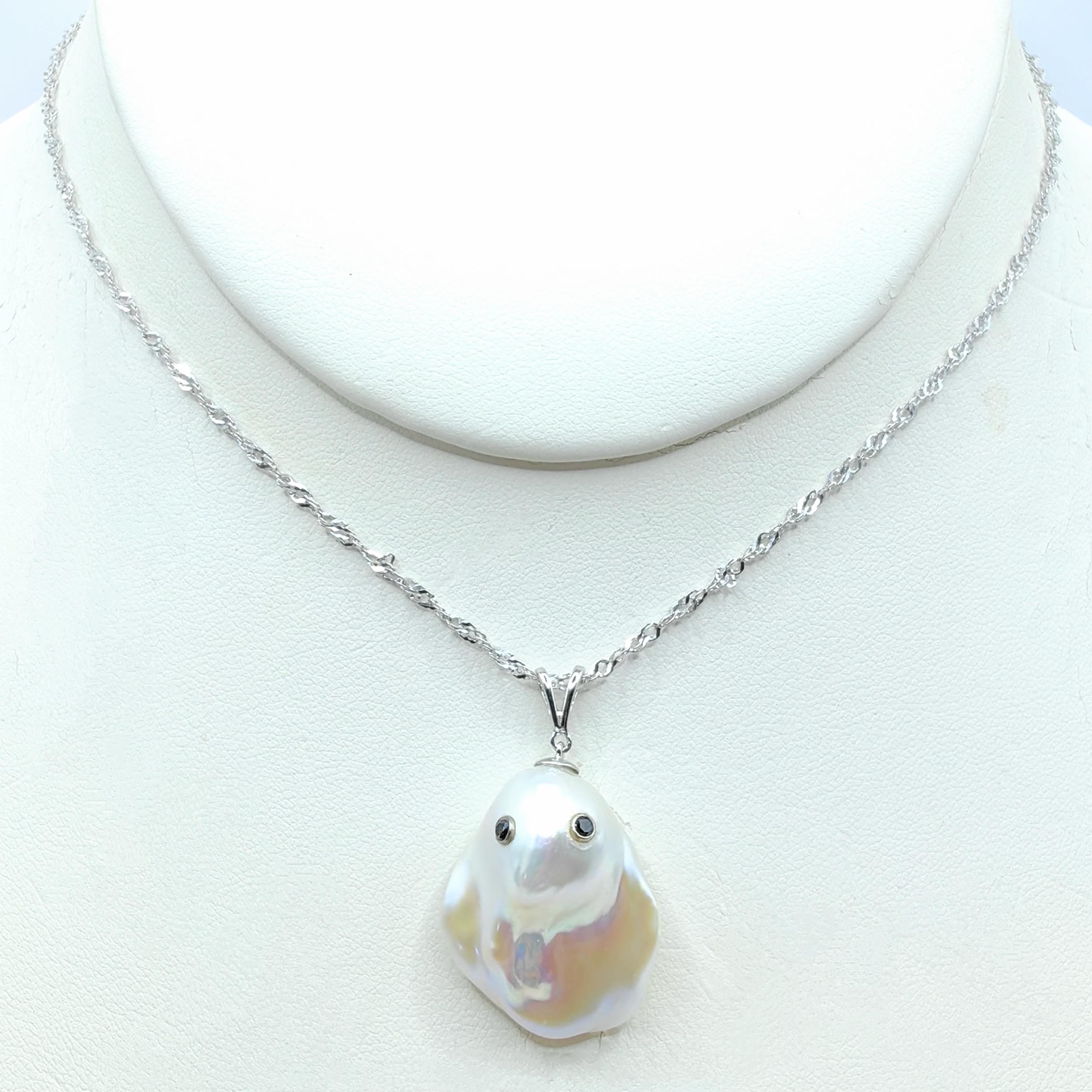 Darling Phantom: Black Diamond Baroque Pearl Ghost Pendant in 18K White Gold 1