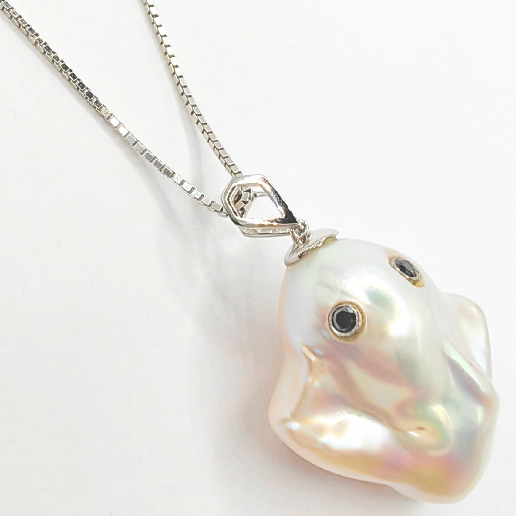 Women's or Men's Darling Phantom: Black Diamond Baroque Pearl Ghost Pendant in 18K White Gold