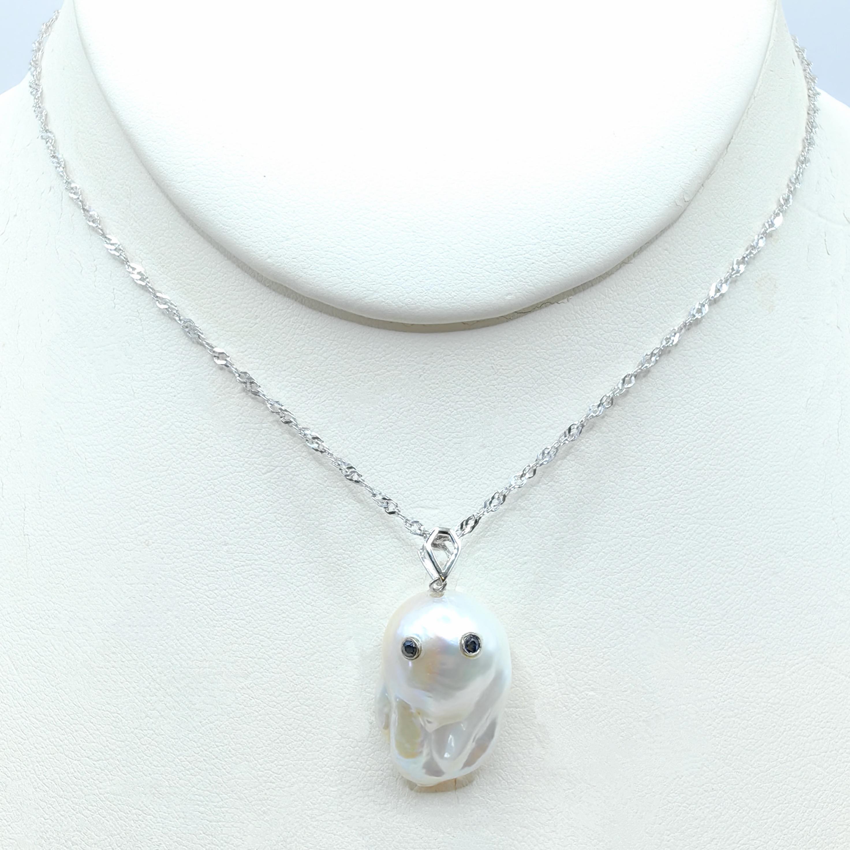 Darling Phantom: Blue Sapphire Baroque Pearl Ghost Pendant in 18K White Gold For Sale 1