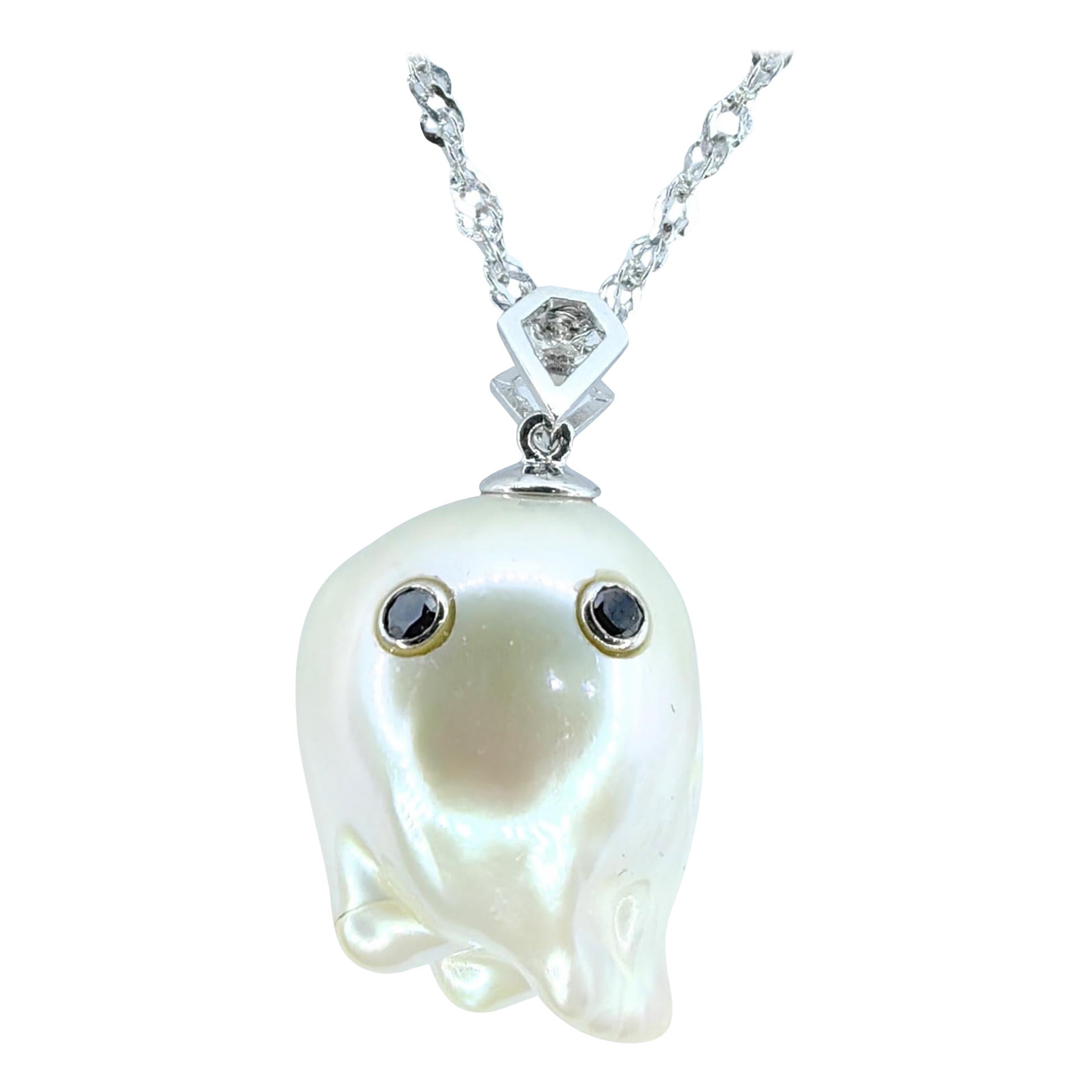 Darling Phantom: Black Diamond Baroque Pearl Ghost Pendant in 18K White Gold