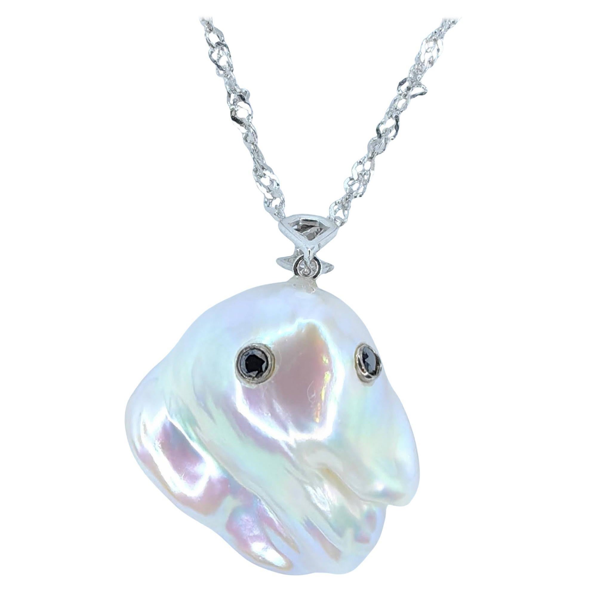 Darling Phantom: Black Diamond Baroque Pearl Ghost Pendant in 18K White Gold