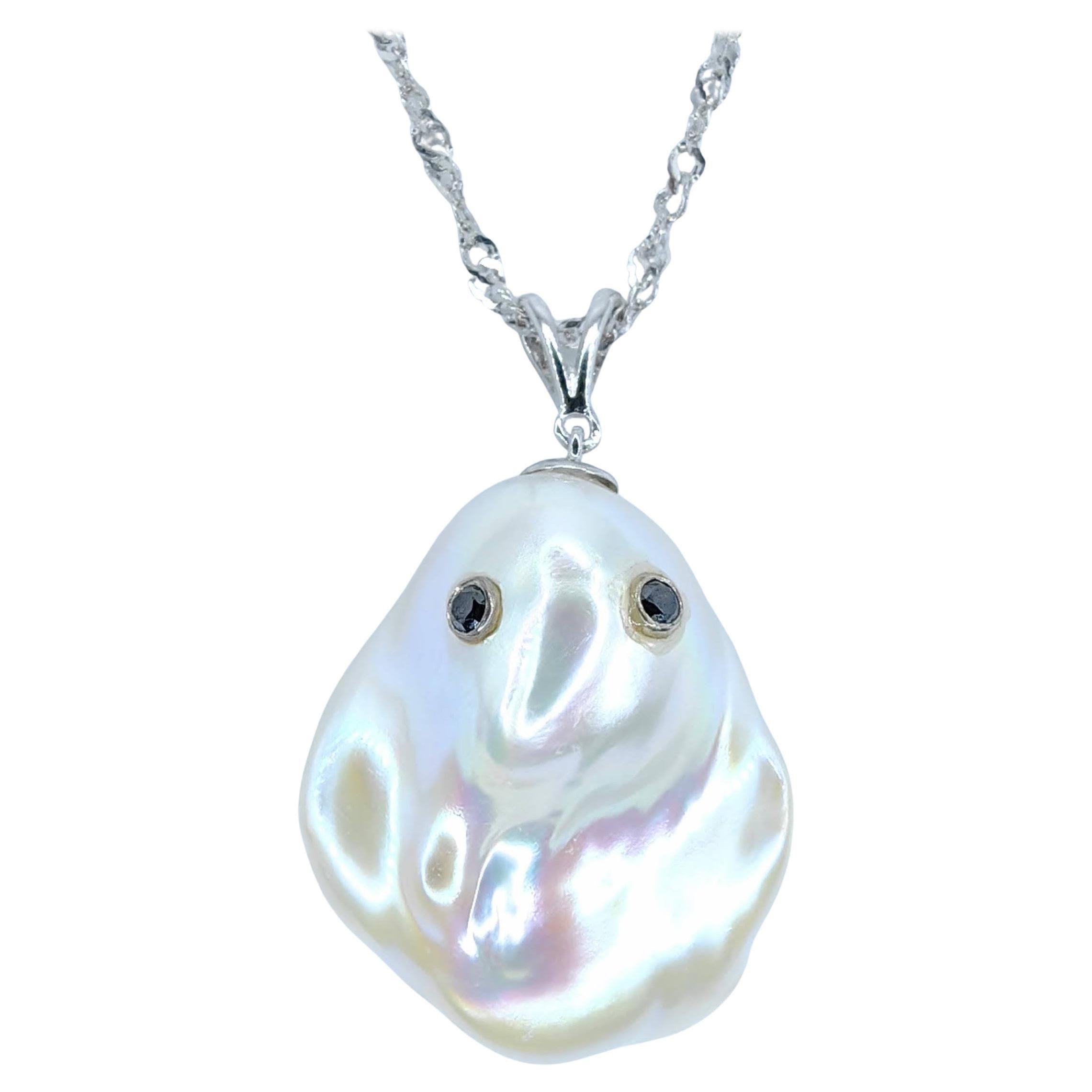 Darling Phantom: Black Diamond Baroque Pearl Ghost Pendant in 18K White Gold