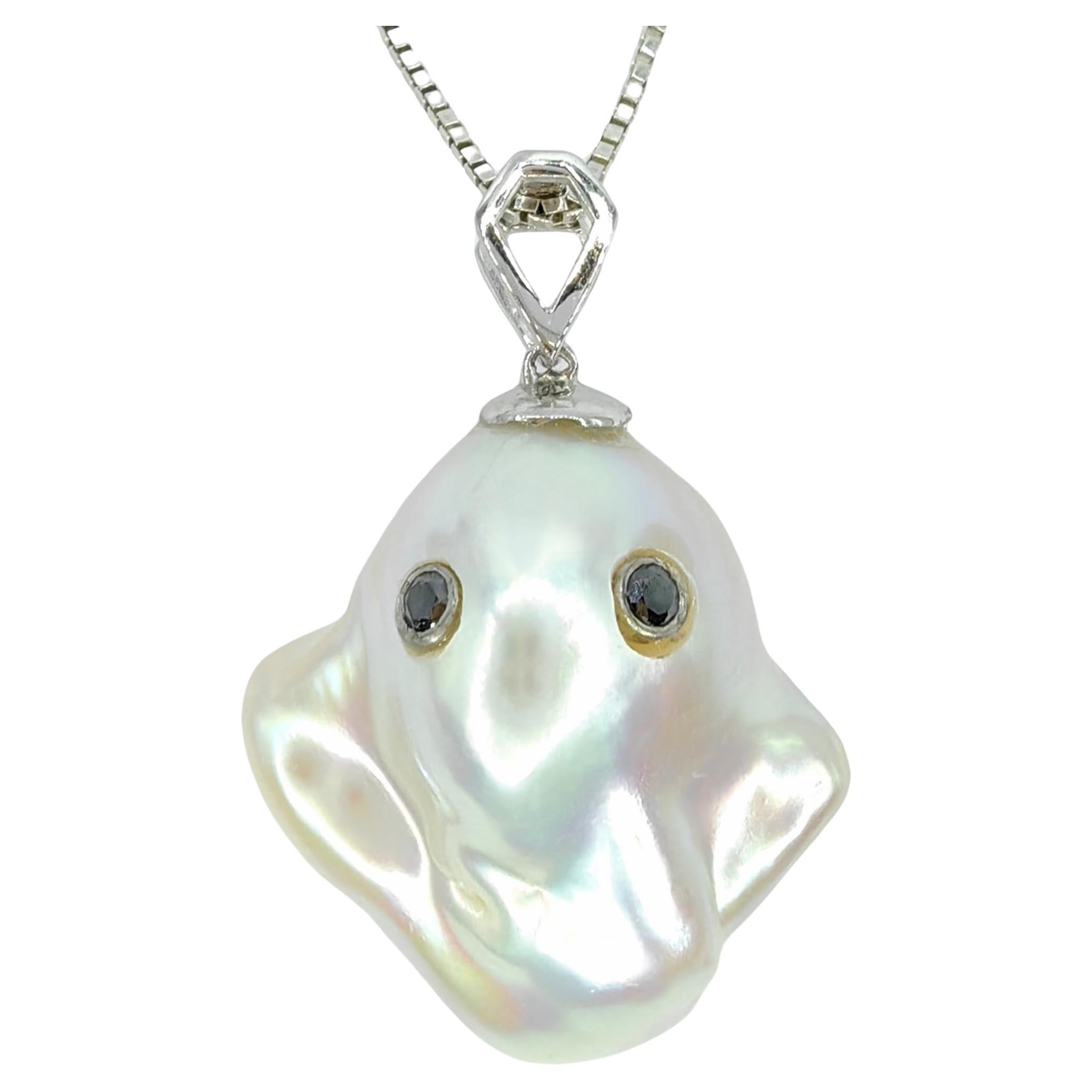 Darling Phantom: Black Diamond Baroque Pearl Ghost Pendant in 18K White Gold