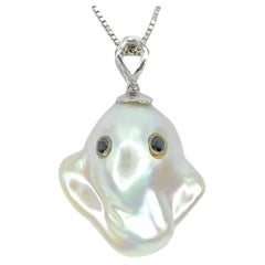 Darling Phantom: Black Diamond Baroque Pearl Ghost Pendant in 18K White Gold
