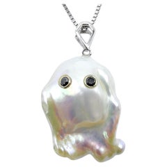 Darling Phantom: Black Diamond Baroque Pearl Ghost Pendant in 18K White Gold