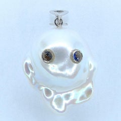 Darling Phantom: Blue Sapphire Baroque Pearl Ghost Pendant in 18K White Gold