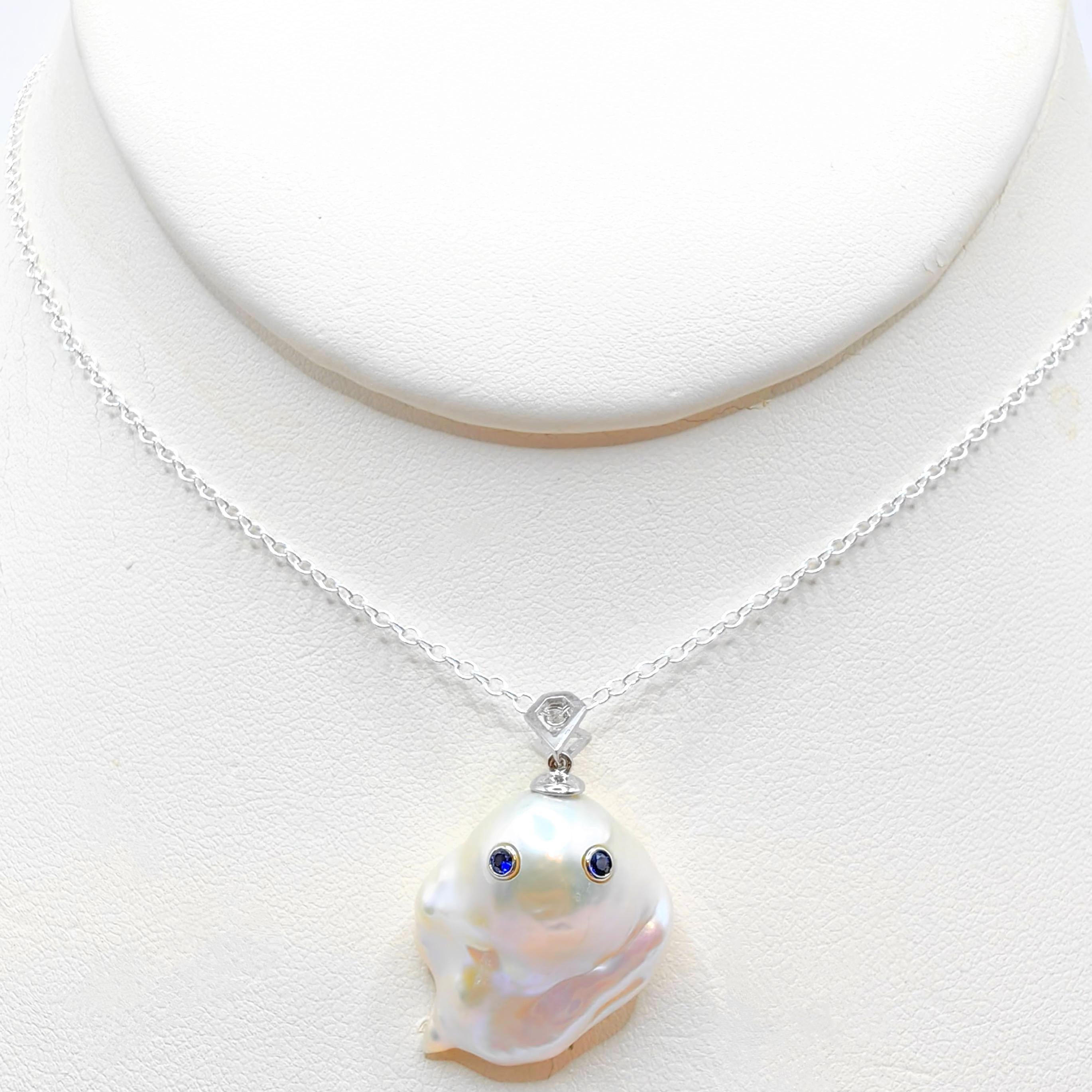 Round Cut Darling Phantom: Blue Sapphire Baroque Pearl Ghost Pendant in 18K White Gold For Sale