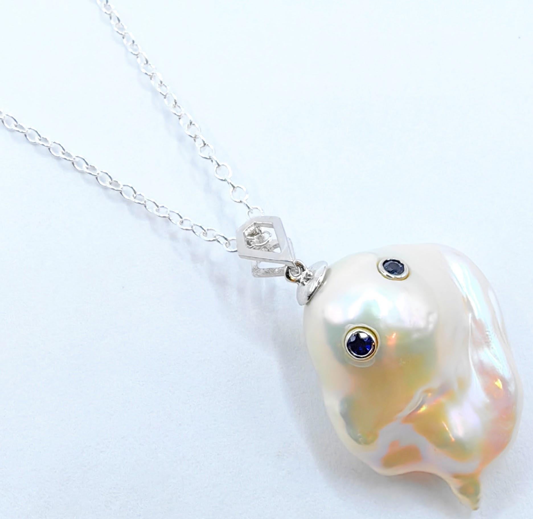 Darling Phantom: Blue Sapphire Baroque Pearl Ghost Pendant in 18K White Gold In New Condition For Sale In Wan Chai District, HK
