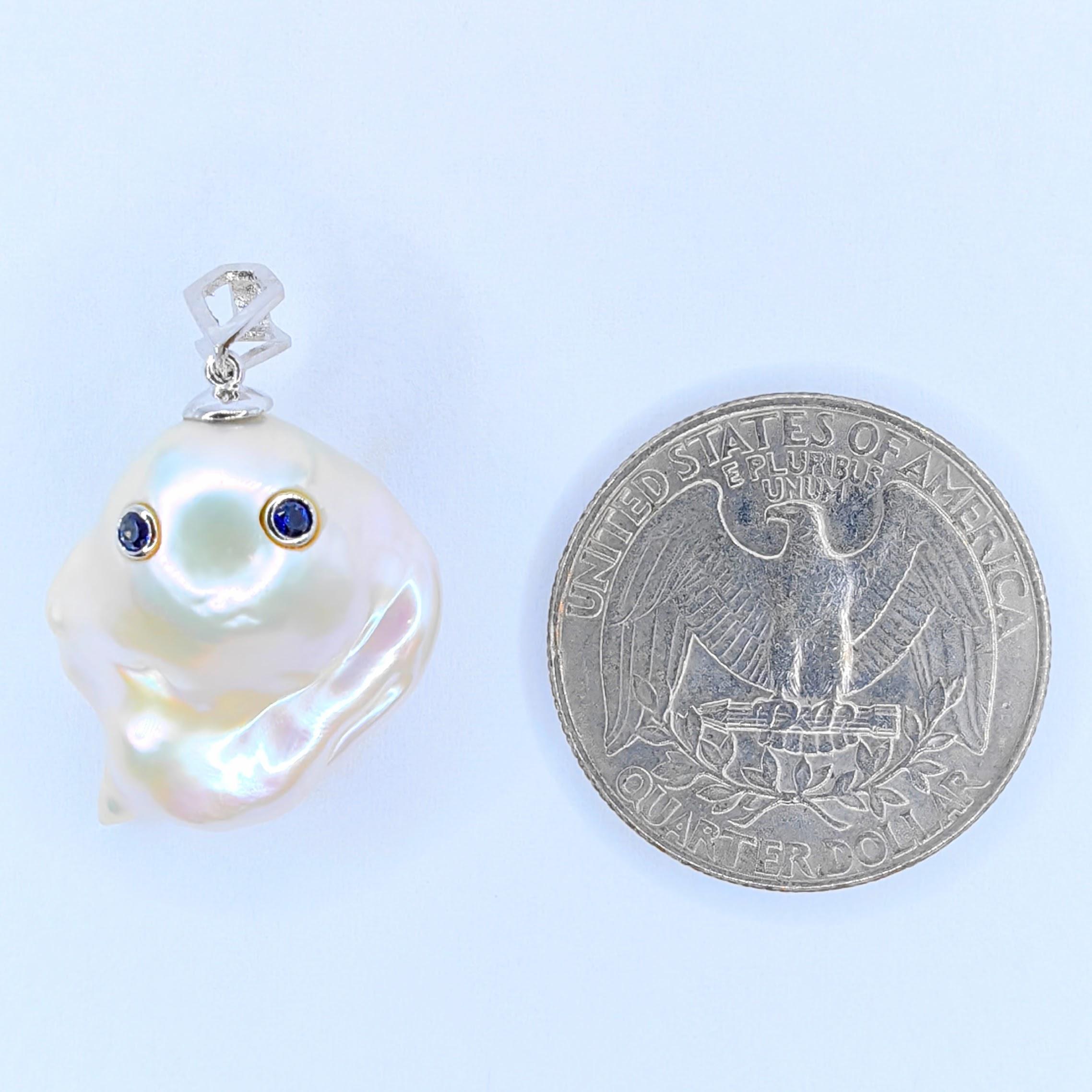 Darling Phantom: Blue Sapphire Baroque Pearl Ghost Pendant in 18K White Gold For Sale 1