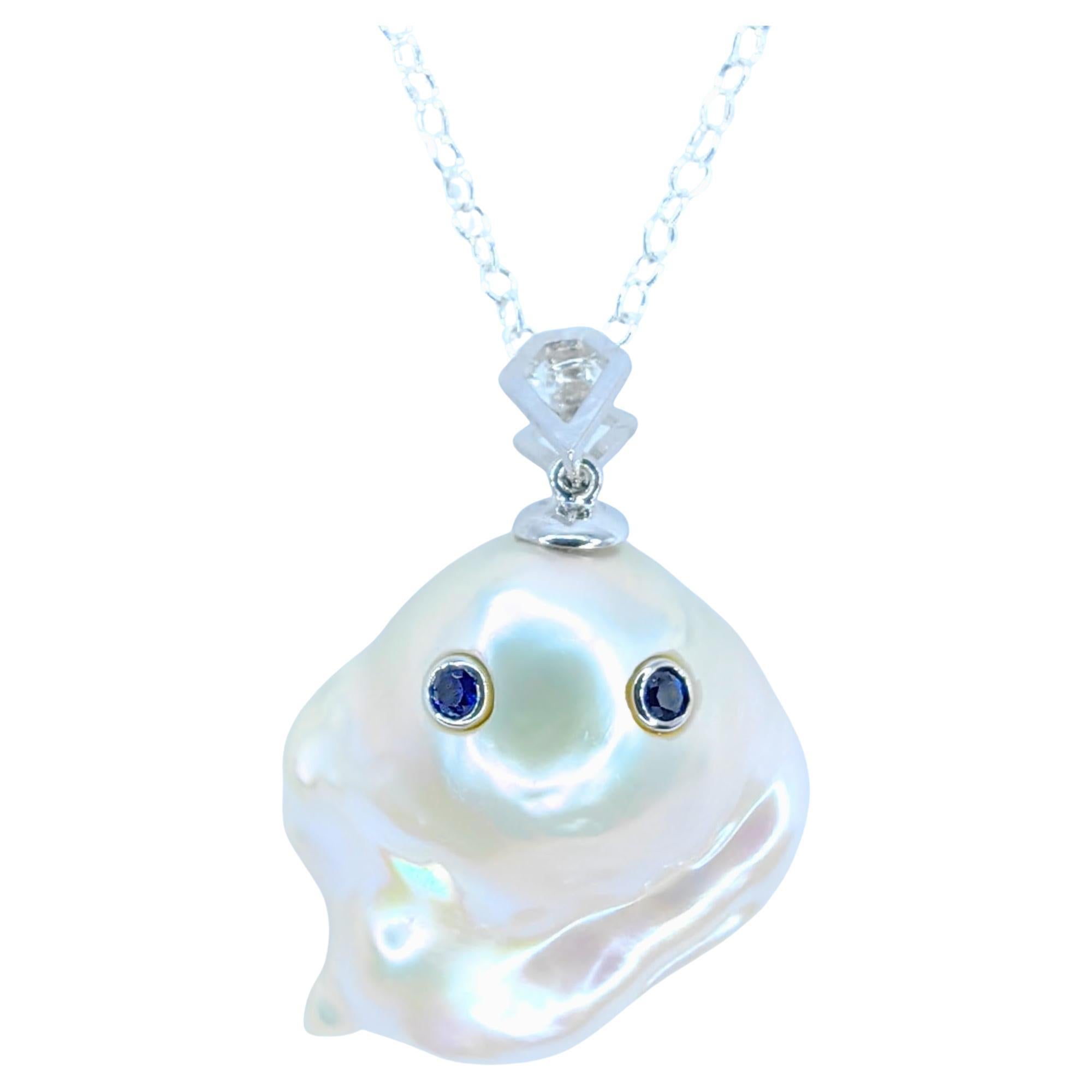 Darling Phantom: Blue Sapphire Baroque Pearl Ghost Pendant in 18K White Gold For Sale