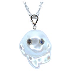Darling Phantom: Blue Sapphire Baroque Pearl Ghost Pendant in 18K White Gold