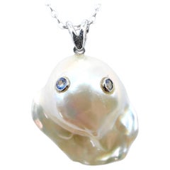 Darling Phantom: Blue Sapphire Baroque Pearl Ghost Pendant in 18K White Gold
