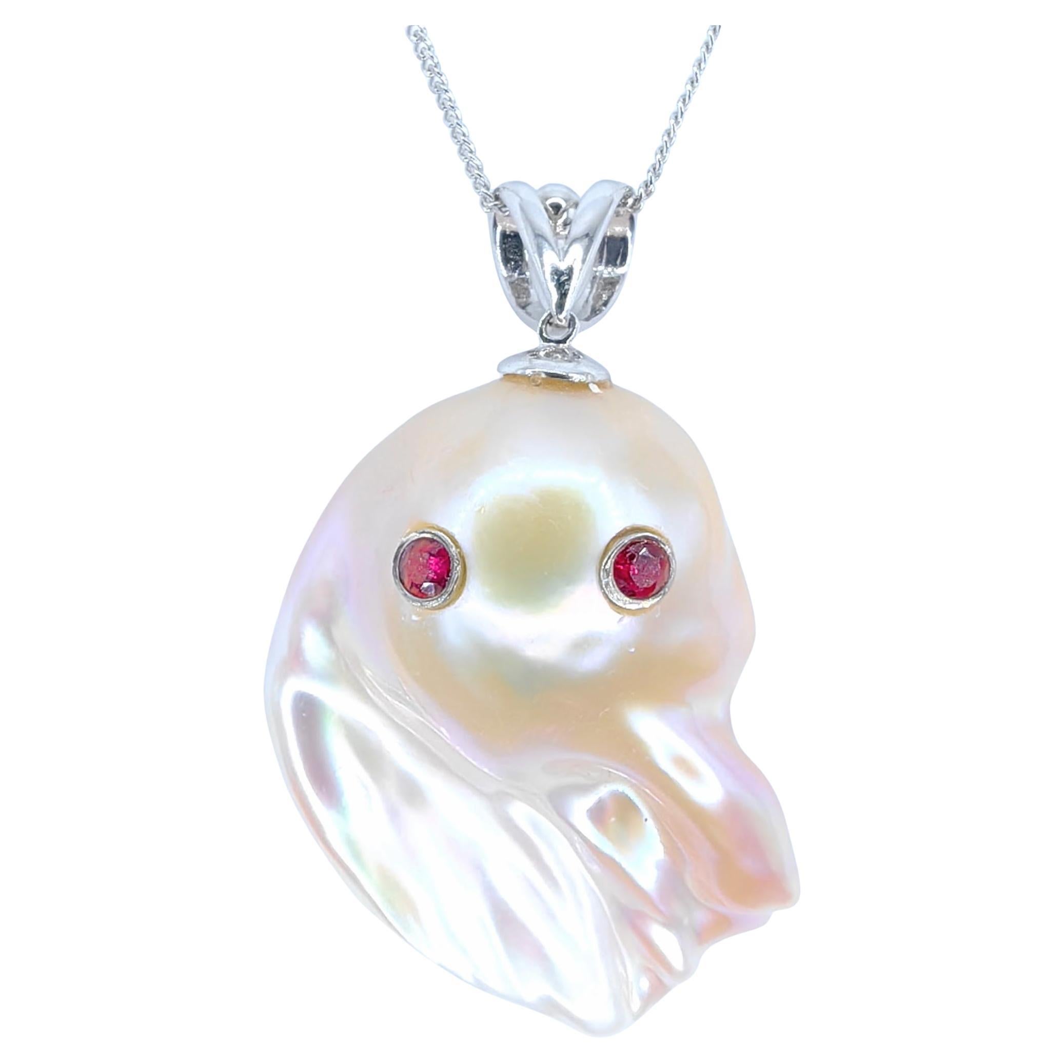 Darling Phantom: Extra Large Ruby & Pink Baroque Pearl Ghost 18K Gold Pendant For Sale