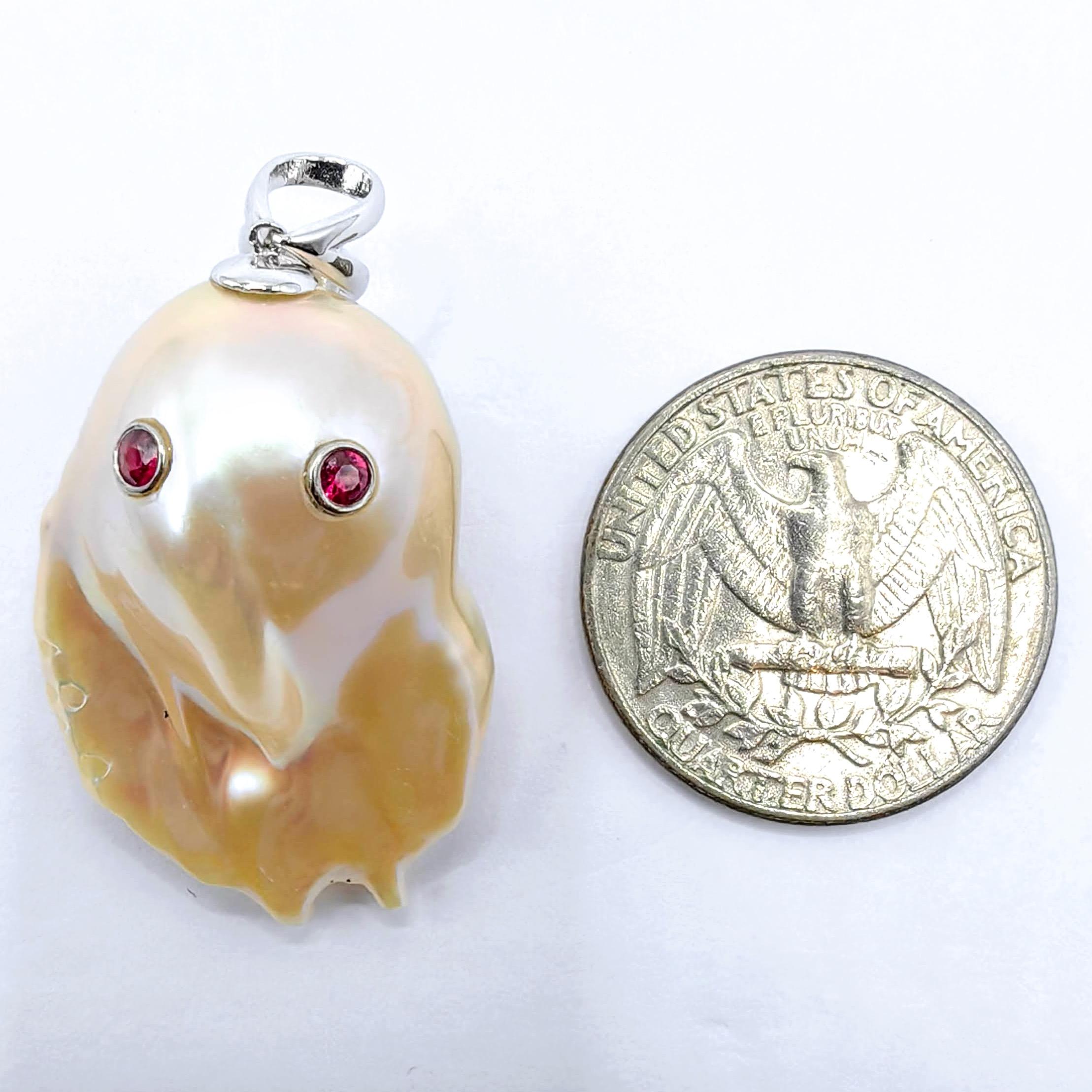 Darling Phantom Gemini XL: Ruby & Diamond Two-Faced Ghost Pearl 18K Gold Pendant For Sale 5