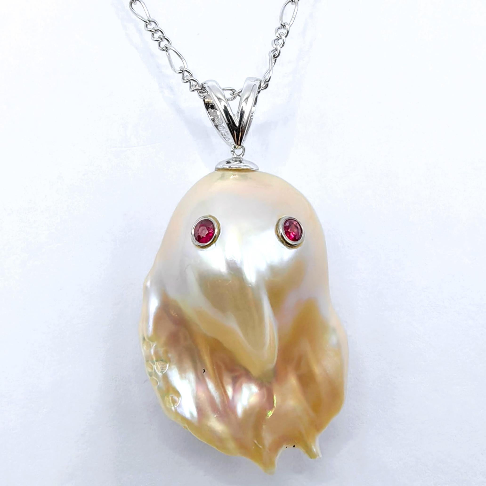 Contemporary Darling Phantom Gemini XL: Ruby & Diamond Two-Faced Ghost Pearl 18K Gold Pendant For Sale