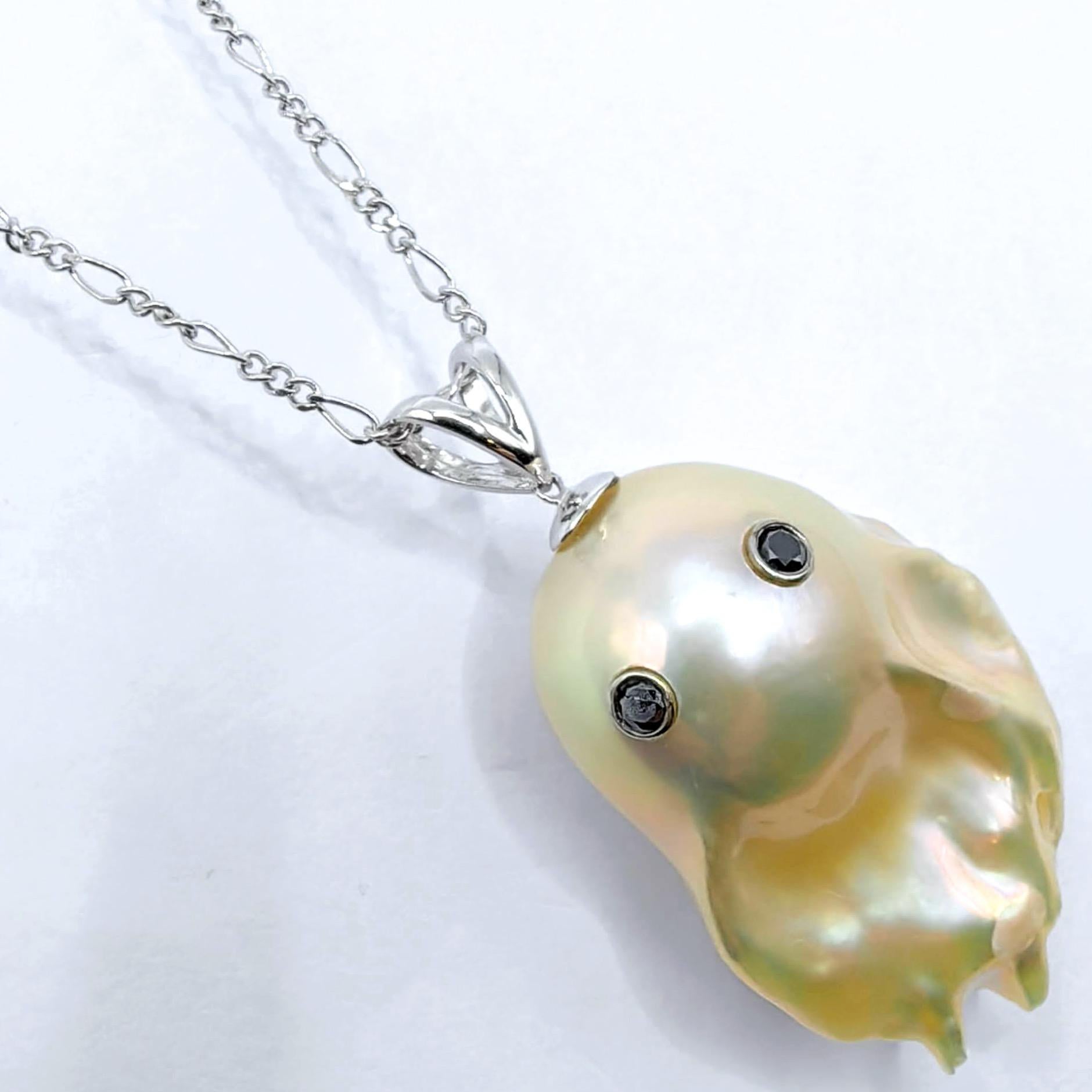 Brilliant Cut Darling Phantom Gemini XL: Ruby & Diamond Two-Faced Ghost Pearl 18K Gold Pendant For Sale