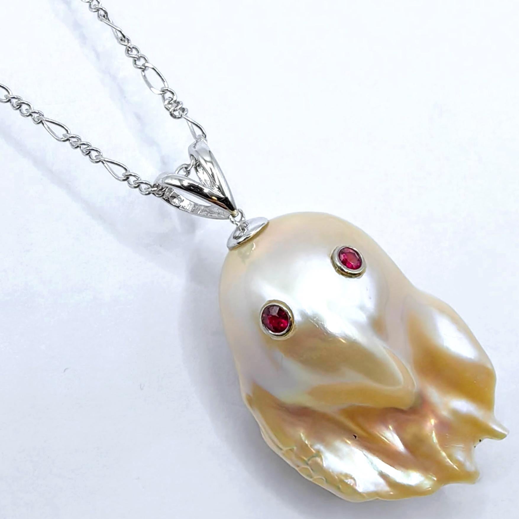Darling Phantom Gemini XL: Ruby & Diamond Two-Faced Ghost Pearl 18K Gold Pendant In New Condition For Sale In Wan Chai District, HK