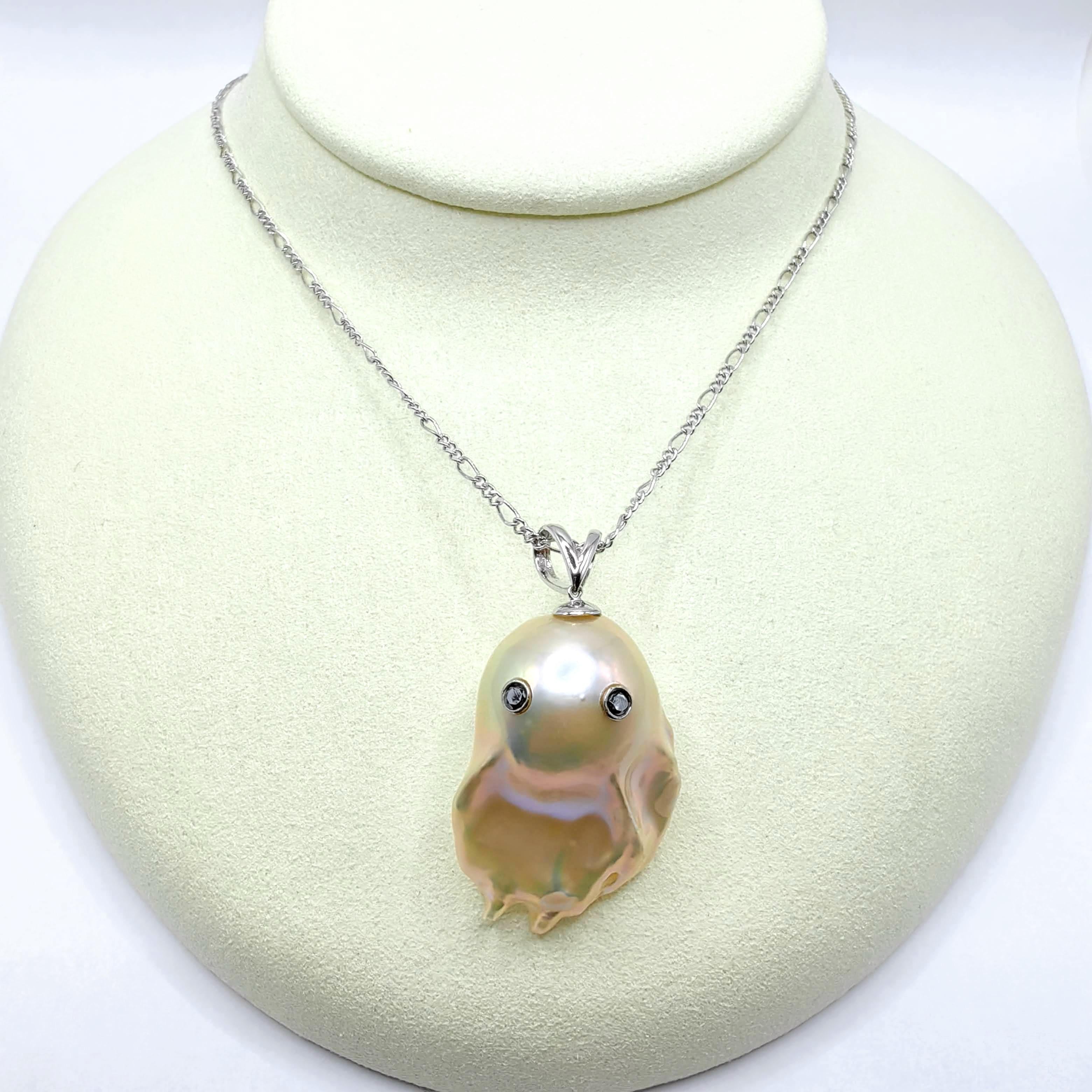 Women's or Men's Darling Phantom Gemini XL: Ruby & Diamond Two-Faced Ghost Pearl 18K Gold Pendant For Sale