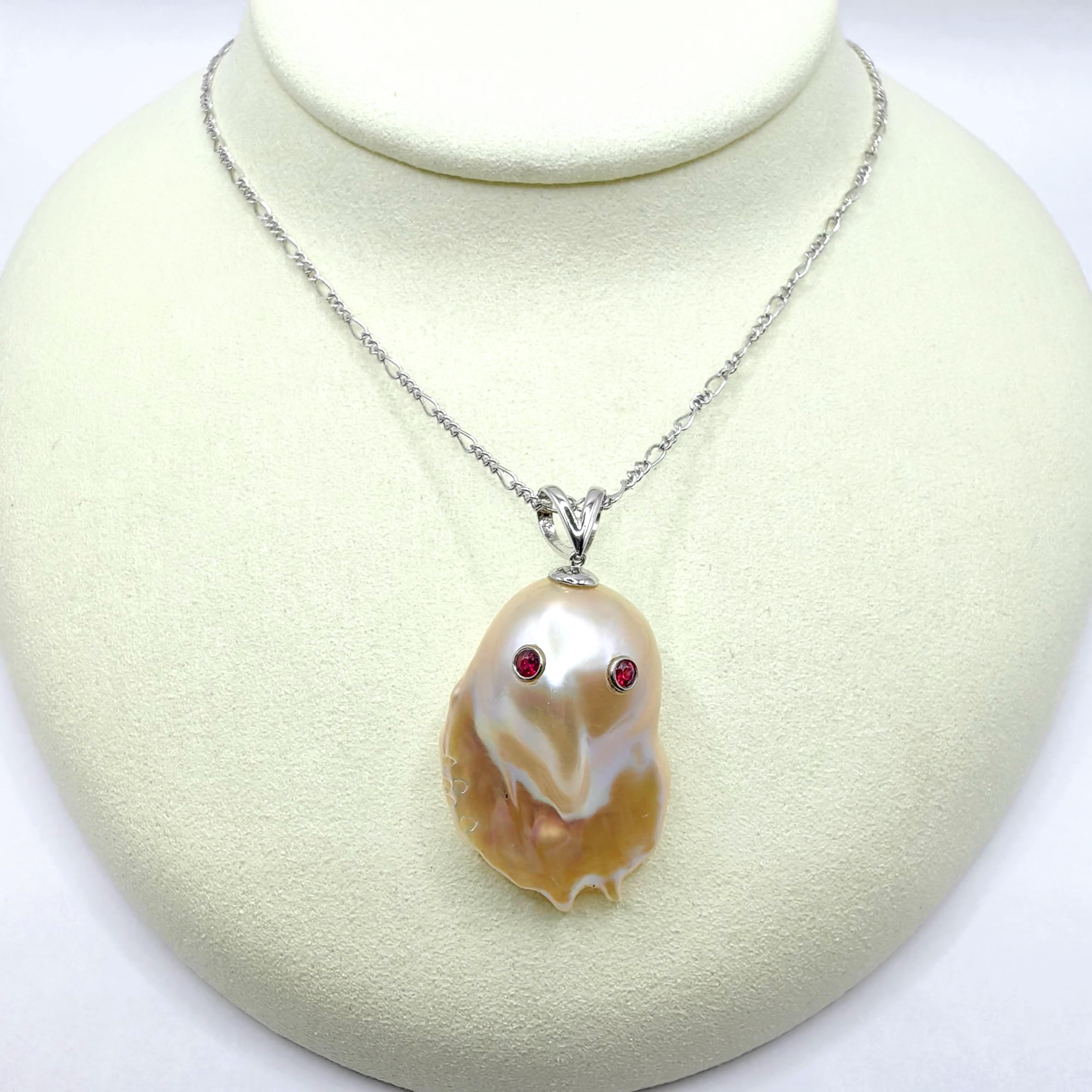 Darling Phantom Gemini XL: Ruby & Diamond Two-Faced Ghost Pearl 18K Gold Pendant For Sale 1