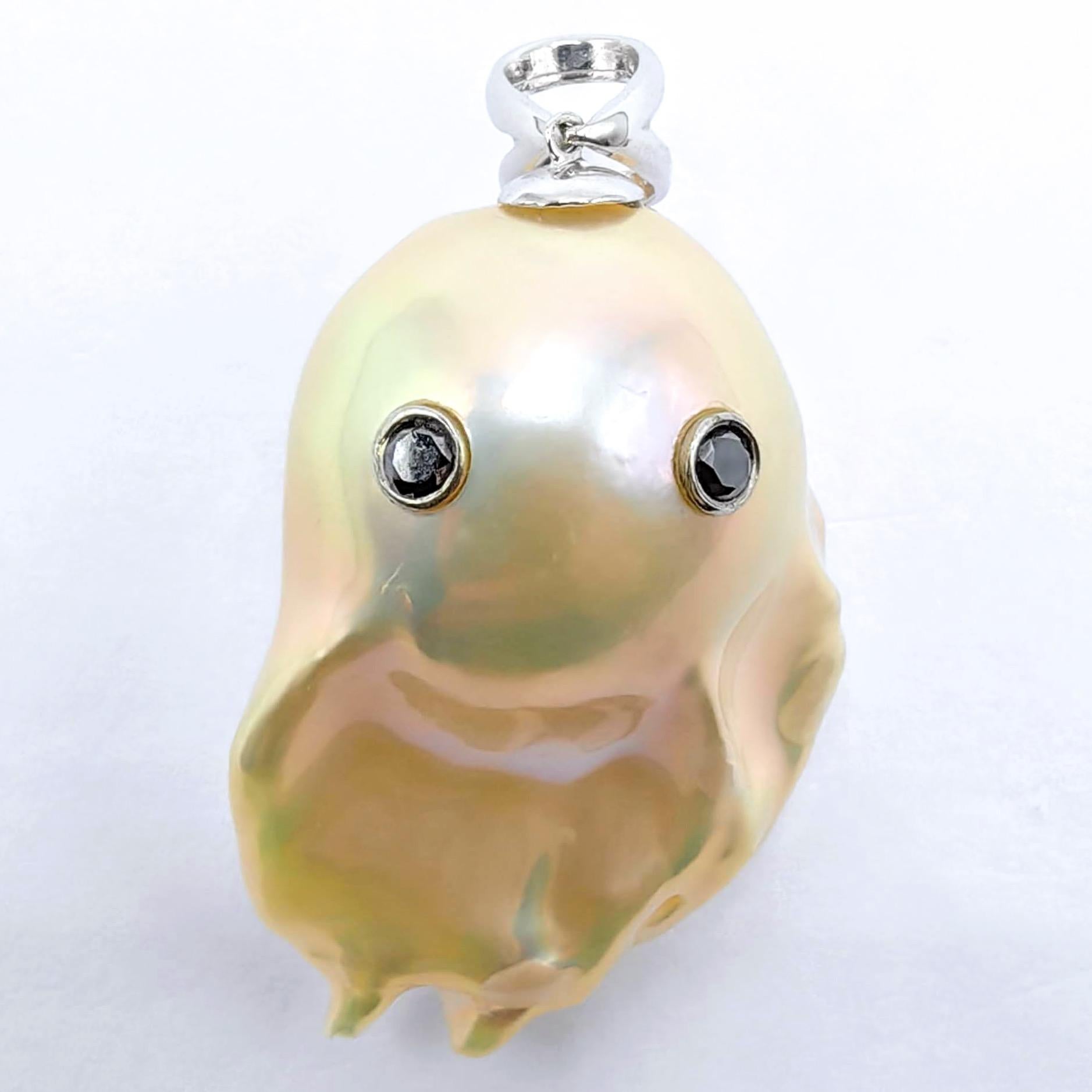 Darling Phantom Gemini XL: Ruby & Diamond Two-Faced Ghost Pearl 18K Gold Pendant For Sale 2
