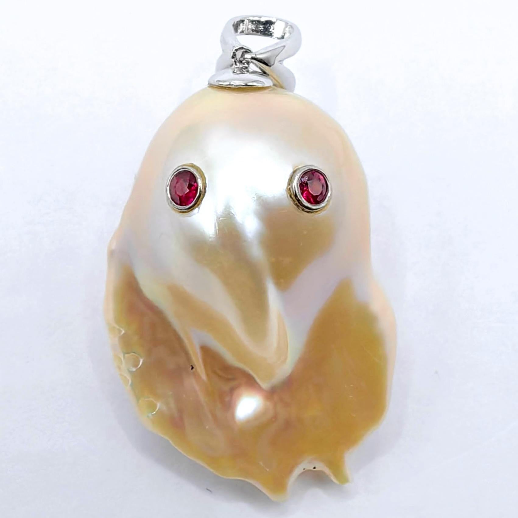Darling Phantom Gemini XL: Ruby & Diamond Two-Faced Ghost Pearl 18K Gold Pendant For Sale 3