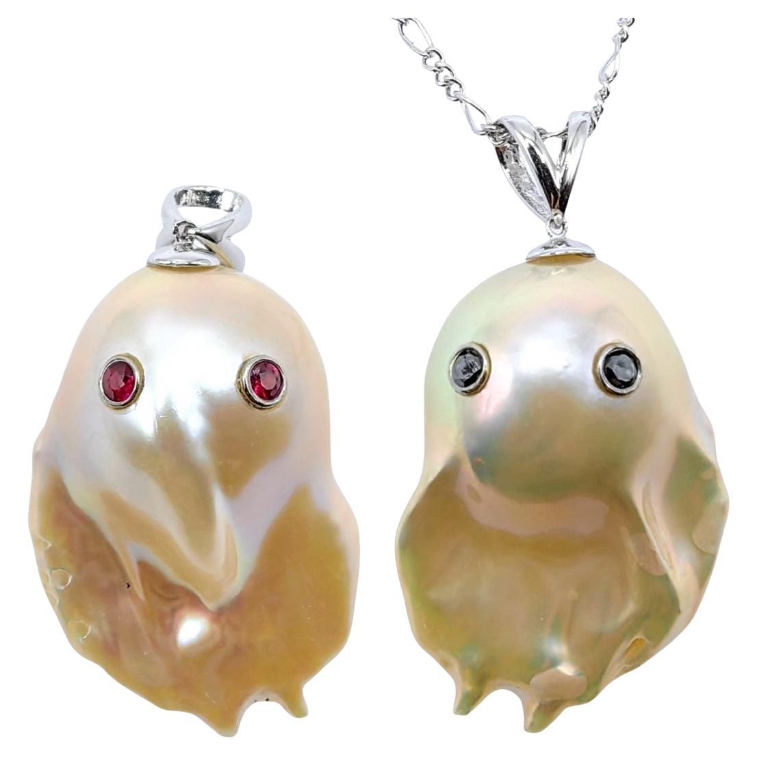 Darling Phantom Gemini XL: Ruby & Diamond Two-Faced Ghost Pearl 18K Gold Pendant For Sale