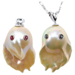 Darling Phantom Gemini XL: Ruby & Diamond Two-Faced Ghost Pearl 18K Gold Pendant