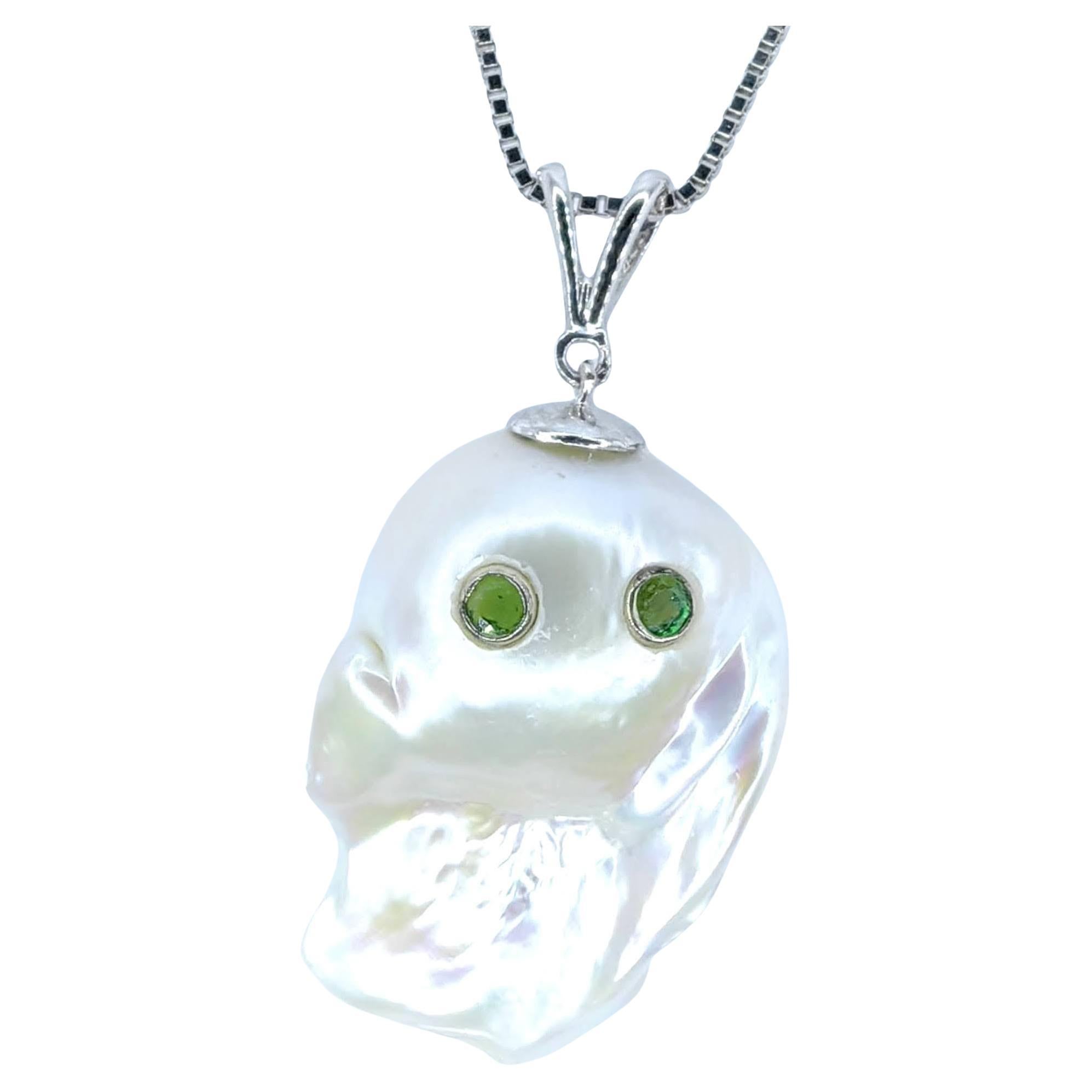 Darling Phantom: Green Tsavorite Baroque Pearl Ghost Pendant in 18K White Gold