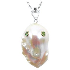 Darling Phantom: Green Tsavorite Baroque Pearl Ghost Pendant in 18K White Gold