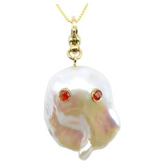 Darling Phantom: Orange Sapphire Baroque Pearl Ghost Charm Pendant in 18K Gold