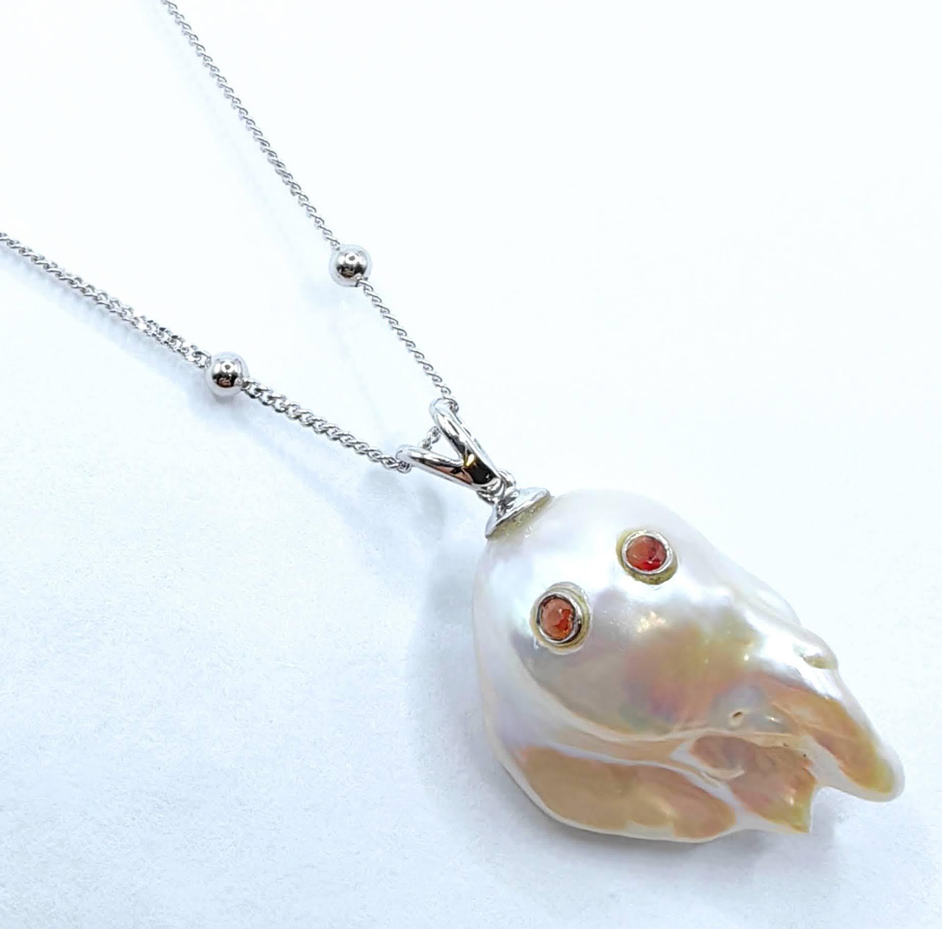 Contemporary Darling Phantom: Orange Sapphire Baroque Pearl Ghost Pendant in 18K White Gold For Sale