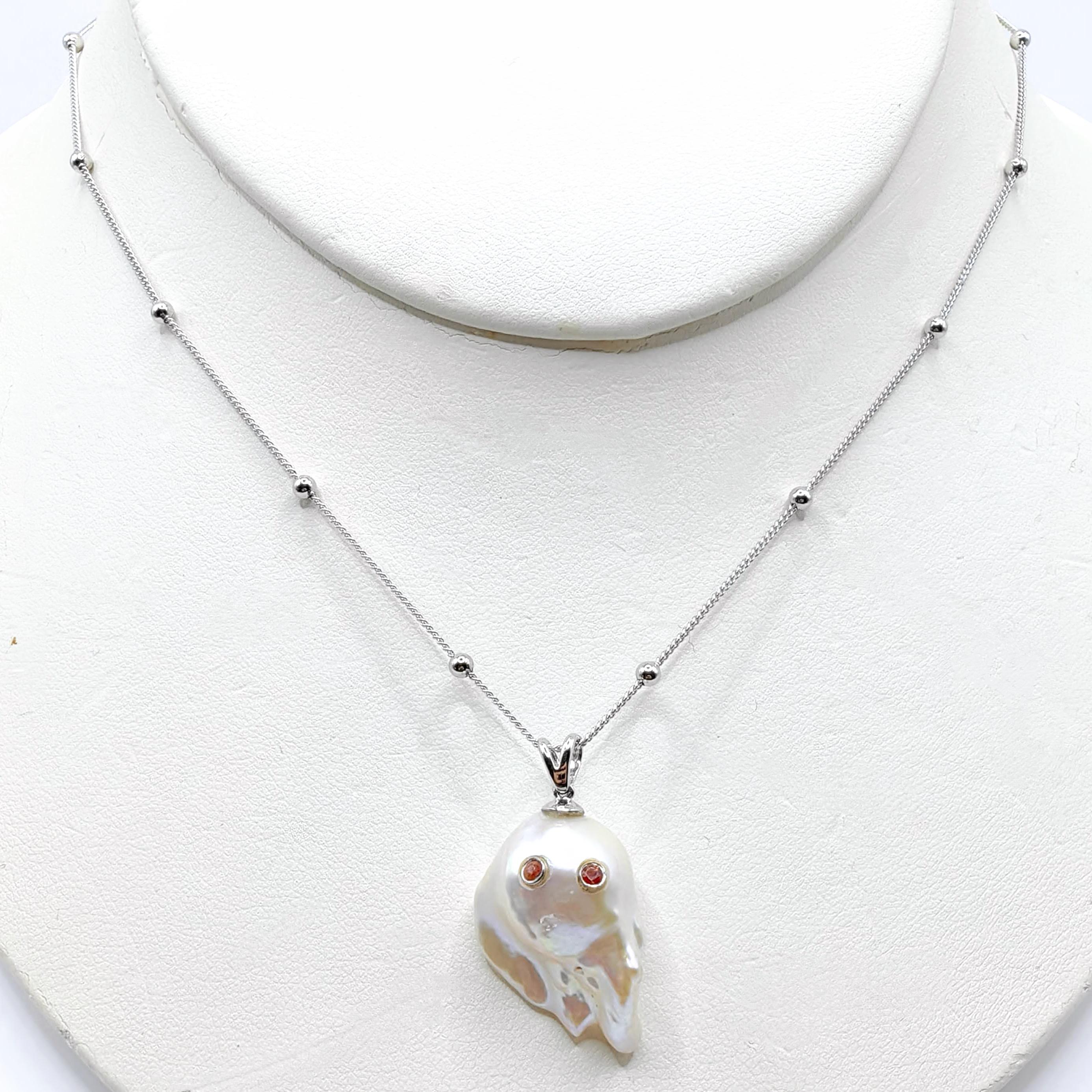 Darling Phantom: Orange Sapphire Baroque Pearl Ghost Pendant in 18K White Gold In New Condition For Sale In Wan Chai District, HK
